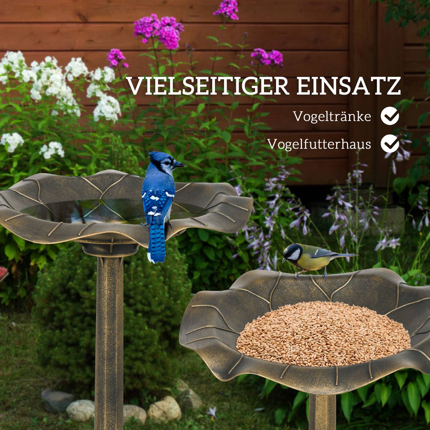 Vogelbad van brons met statief, 71 cm, Lotus Leaf Design