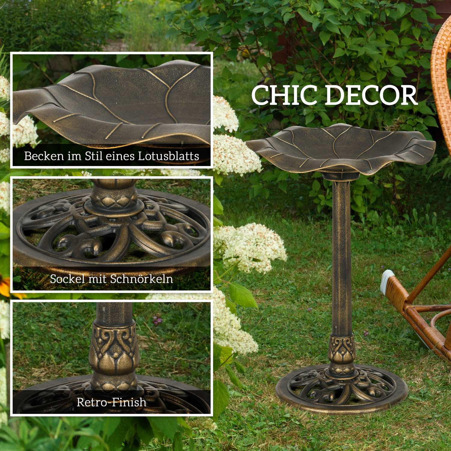 Vogelbad van brons met statief, 71 cm, Lotus Leaf Design
