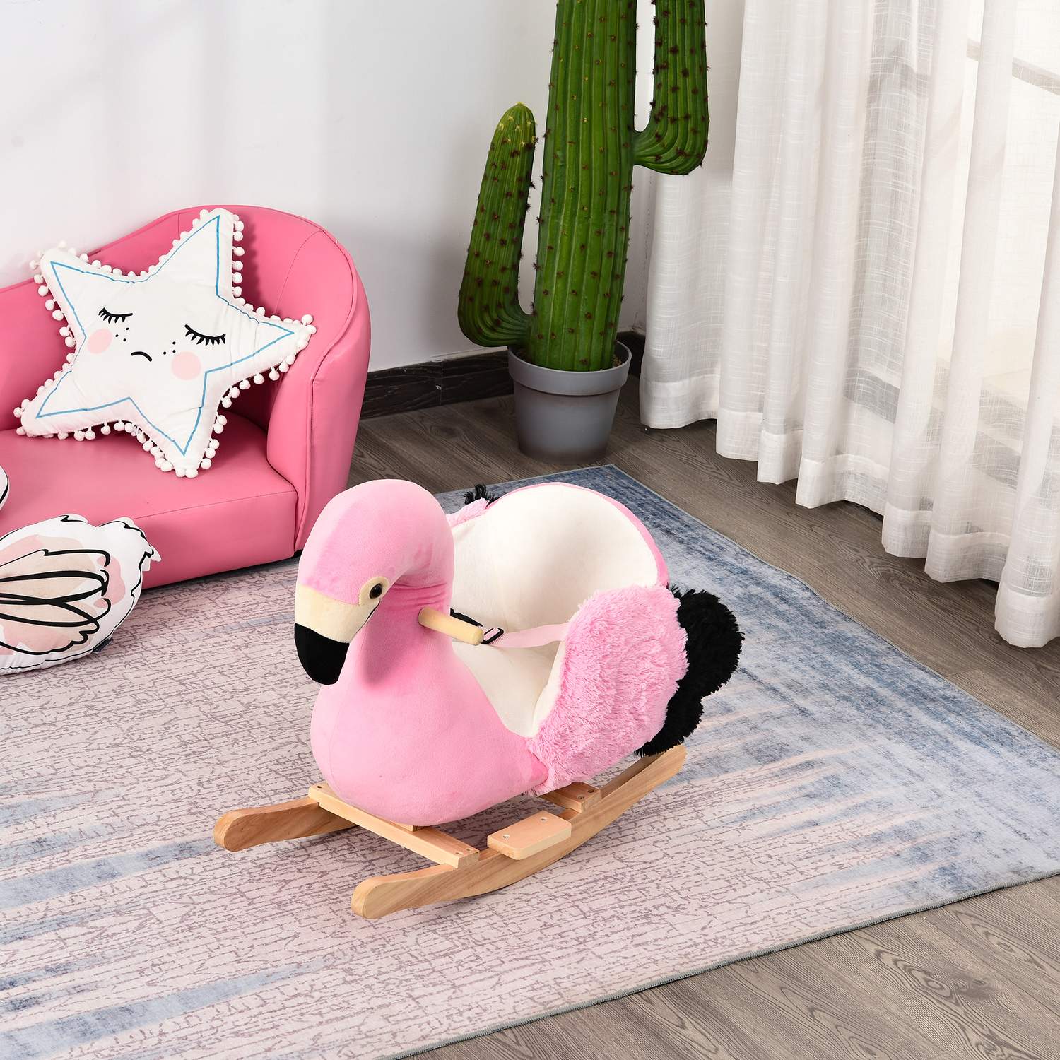 Flamingo hobbelpaard, pluche met veiligheidsgordel, 60 cm