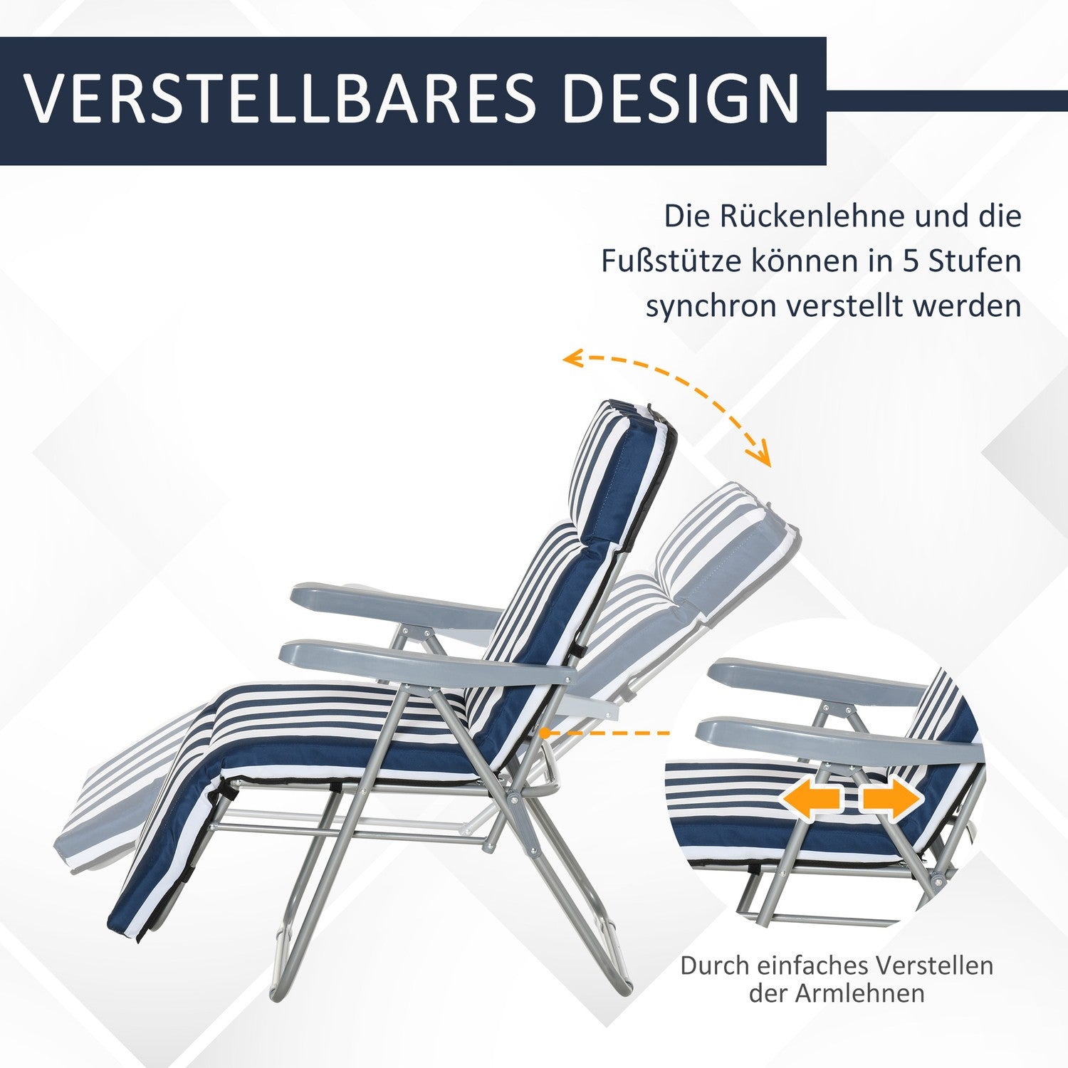 Opvouwbare tuinstoel met kussen – 5 standen, blauw