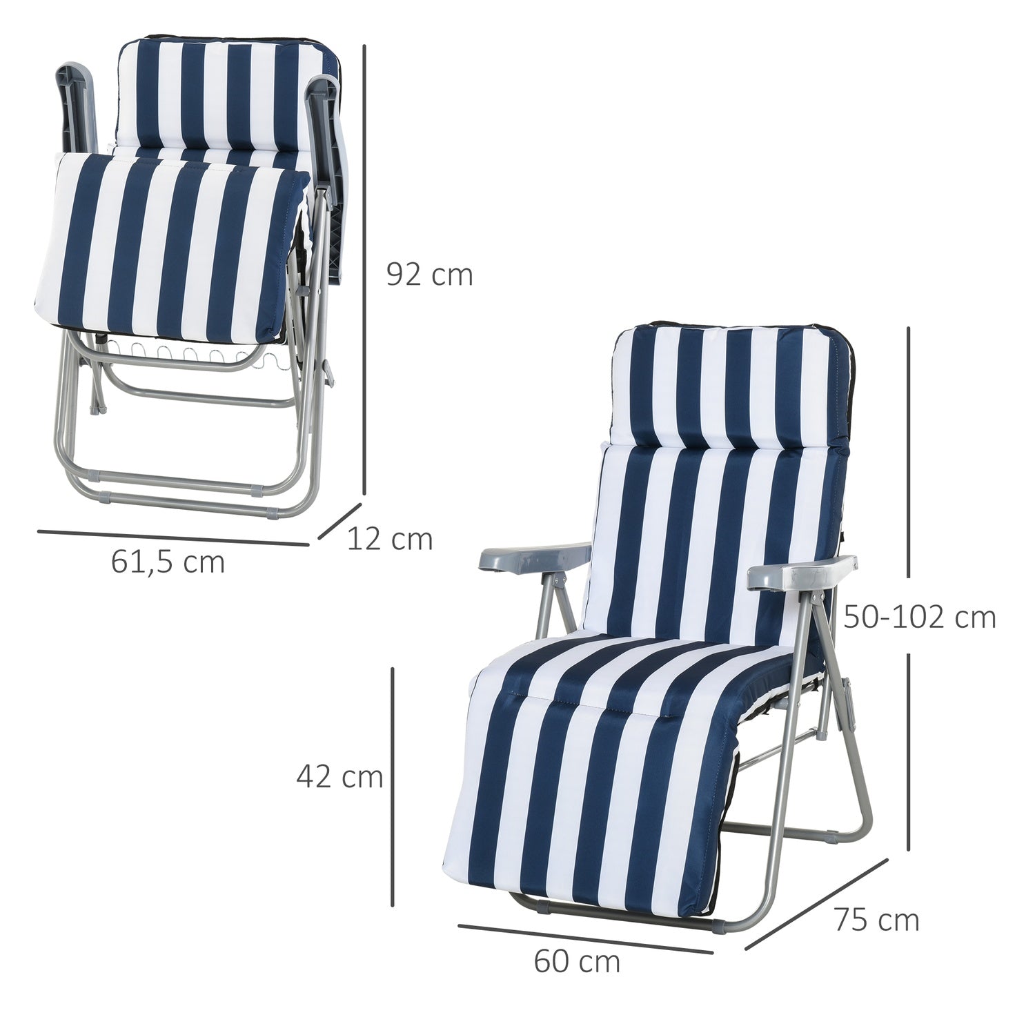 Opvouwbare tuinstoel met kussen – 5 standen, blauw