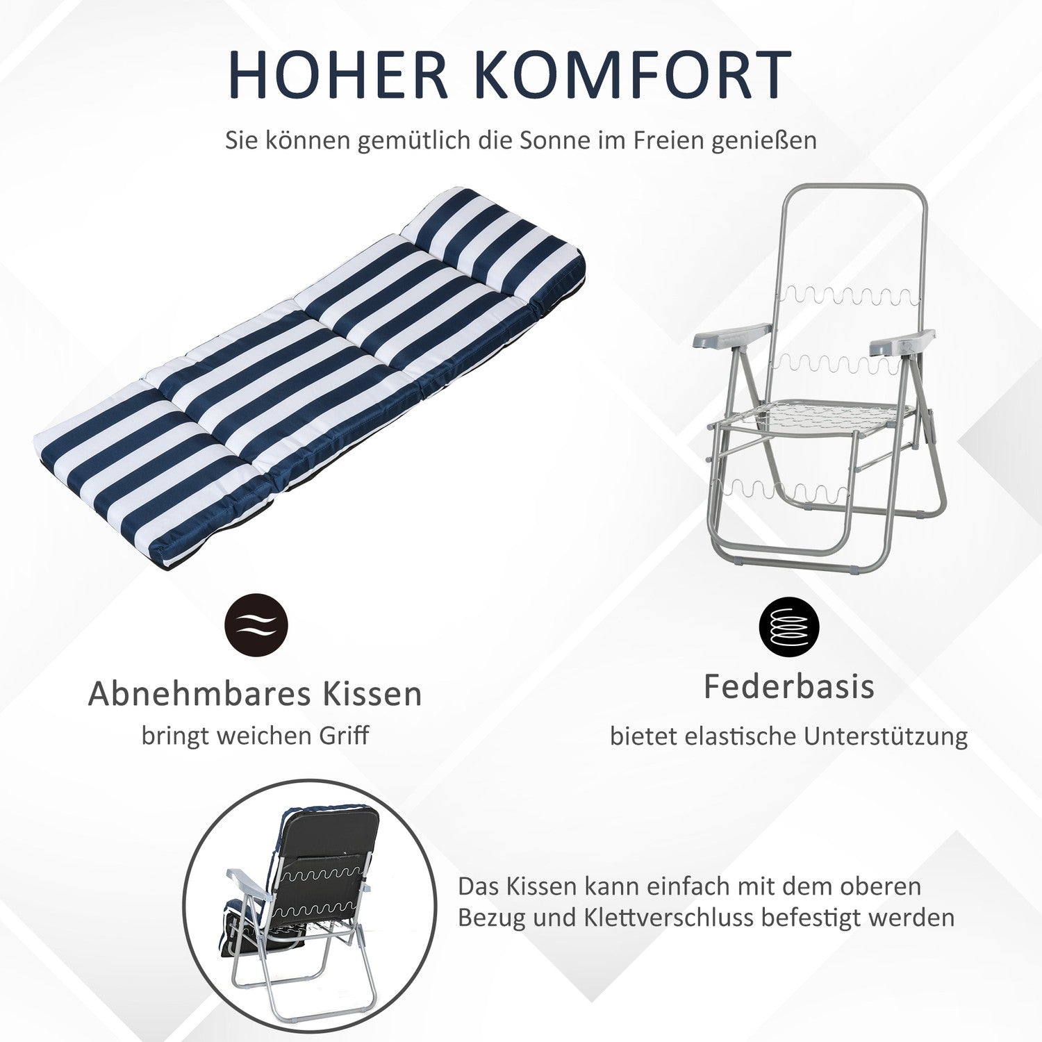 Opvouwbare tuinstoel met kussen – 5 standen, blauw