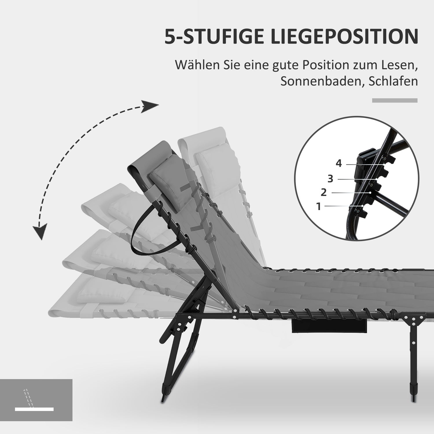 Opvouwbare ligstoel, verstelbare rugleuning, kussen, grijs