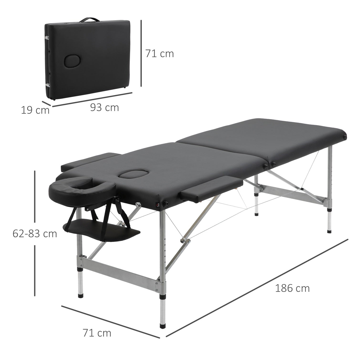 Fällbart massagebänk, 7-zoner, höjdjusterbar, svart