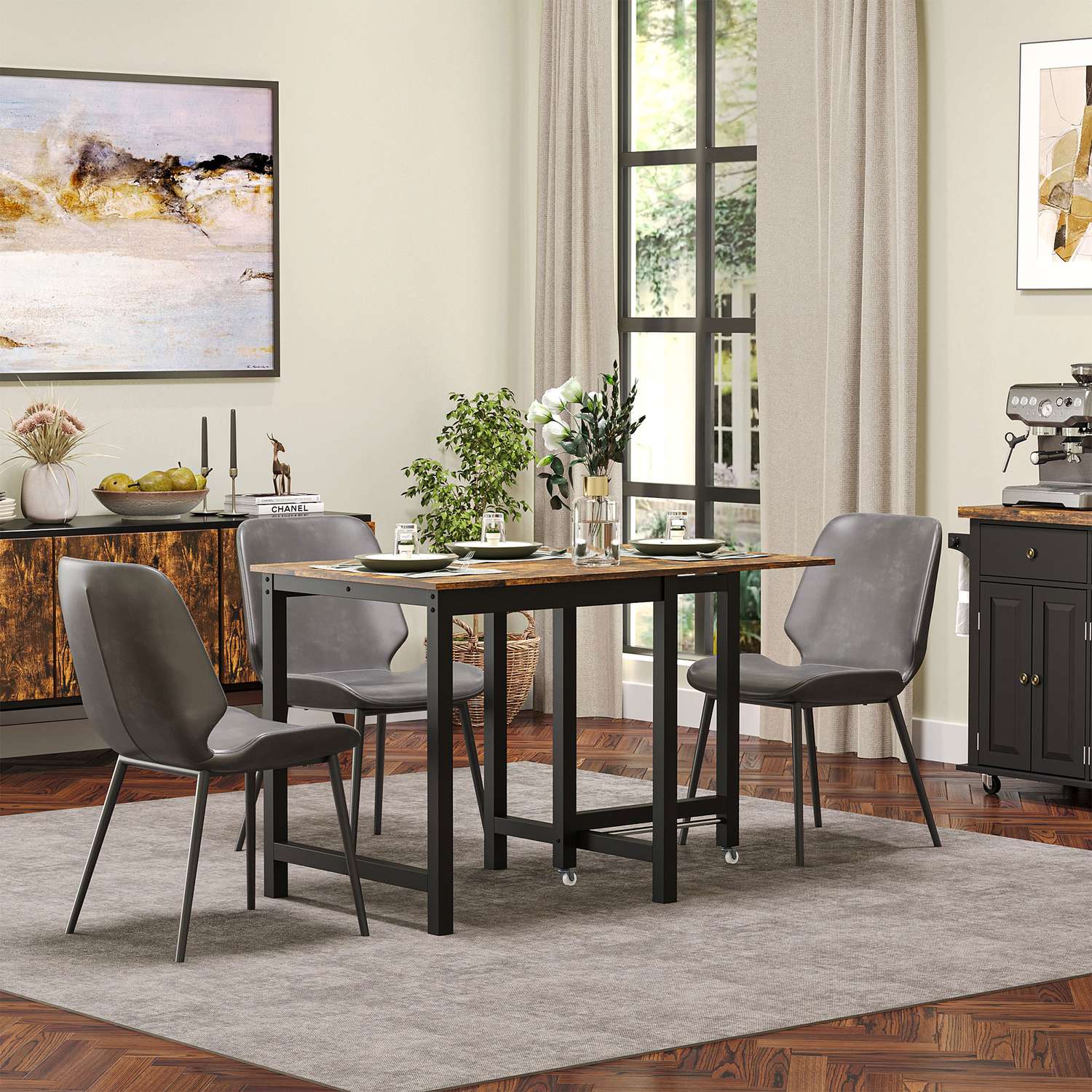 Inklapbare metalen eettafel m/ wielen, 118x70x76,5cm, Bruin
