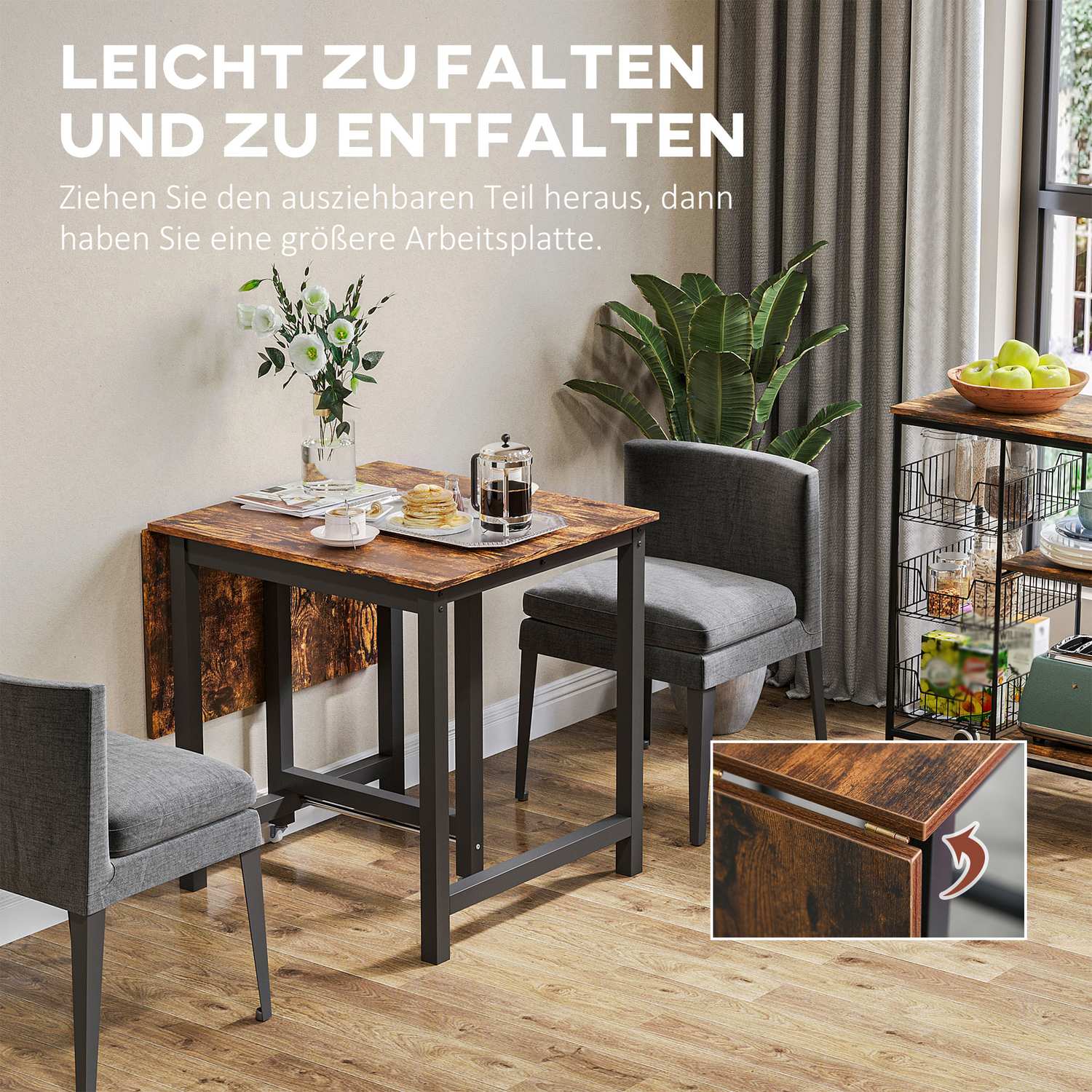 Inklapbare metalen eettafel m/ wielen, 118x70x76,5cm, Bruin