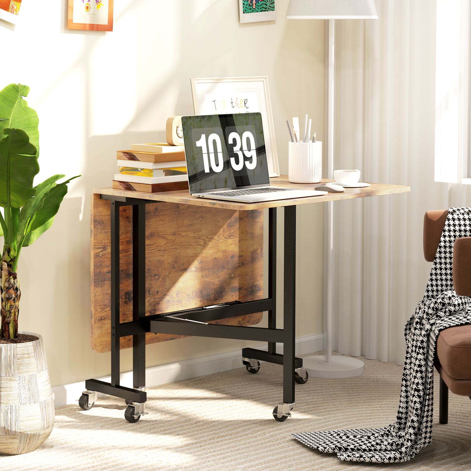 Opklapbare eettafel met wielen, Rustiek bruin, 120x80 cm