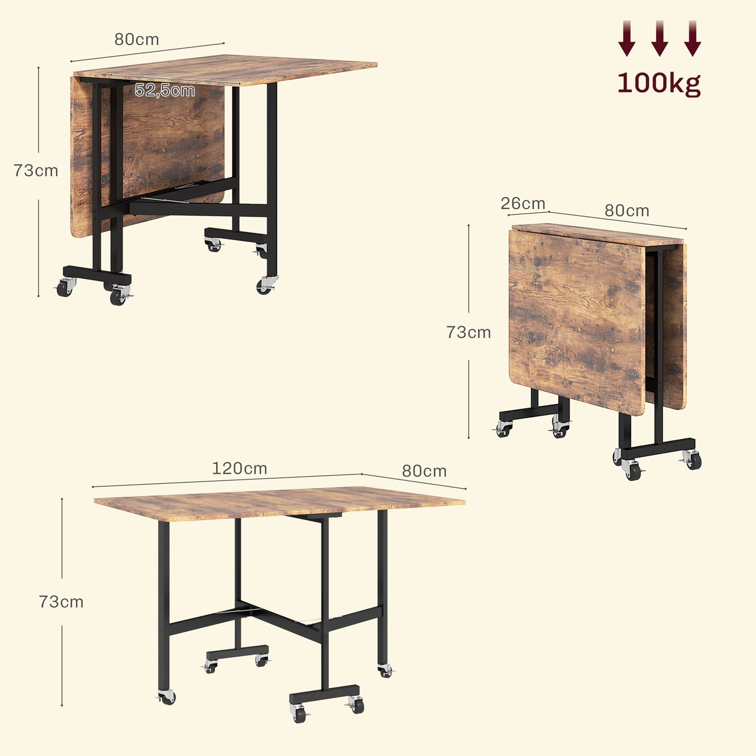 Opklapbare eettafel met wielen, Rustiek bruin, 120x80 cm