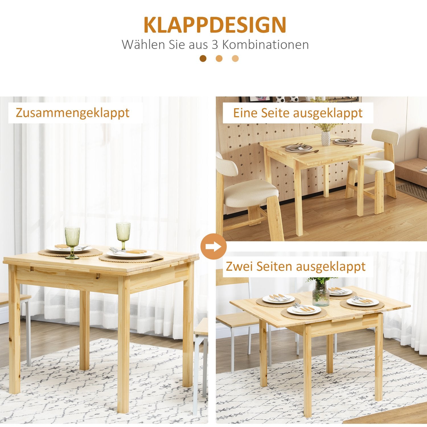 Opklapbare houten tafel voor 2-4 personen, natuurlijke afwerking, 120x80x75cm