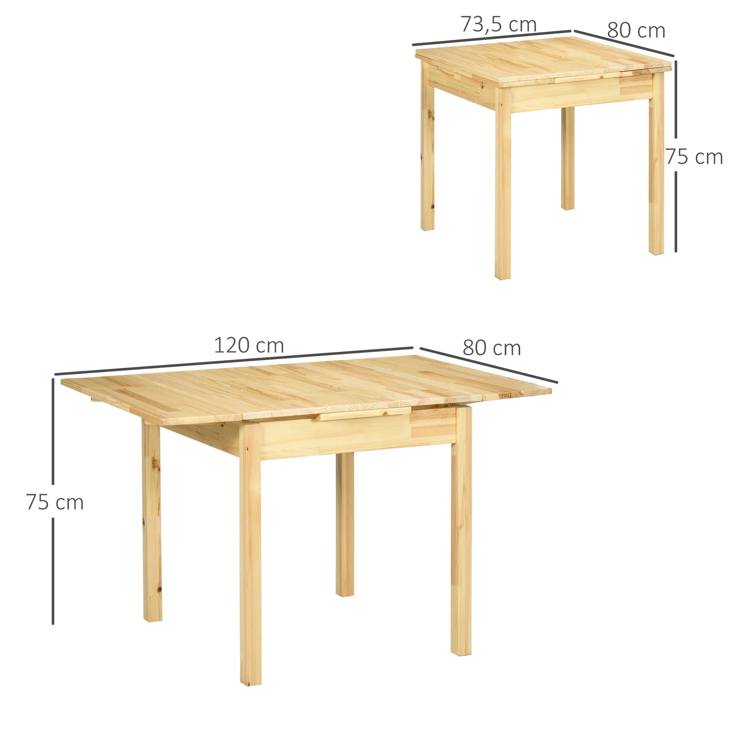 Opklapbare houten tafel voor 2-4 personen, natuurlijke afwerking, 120x80x75cm