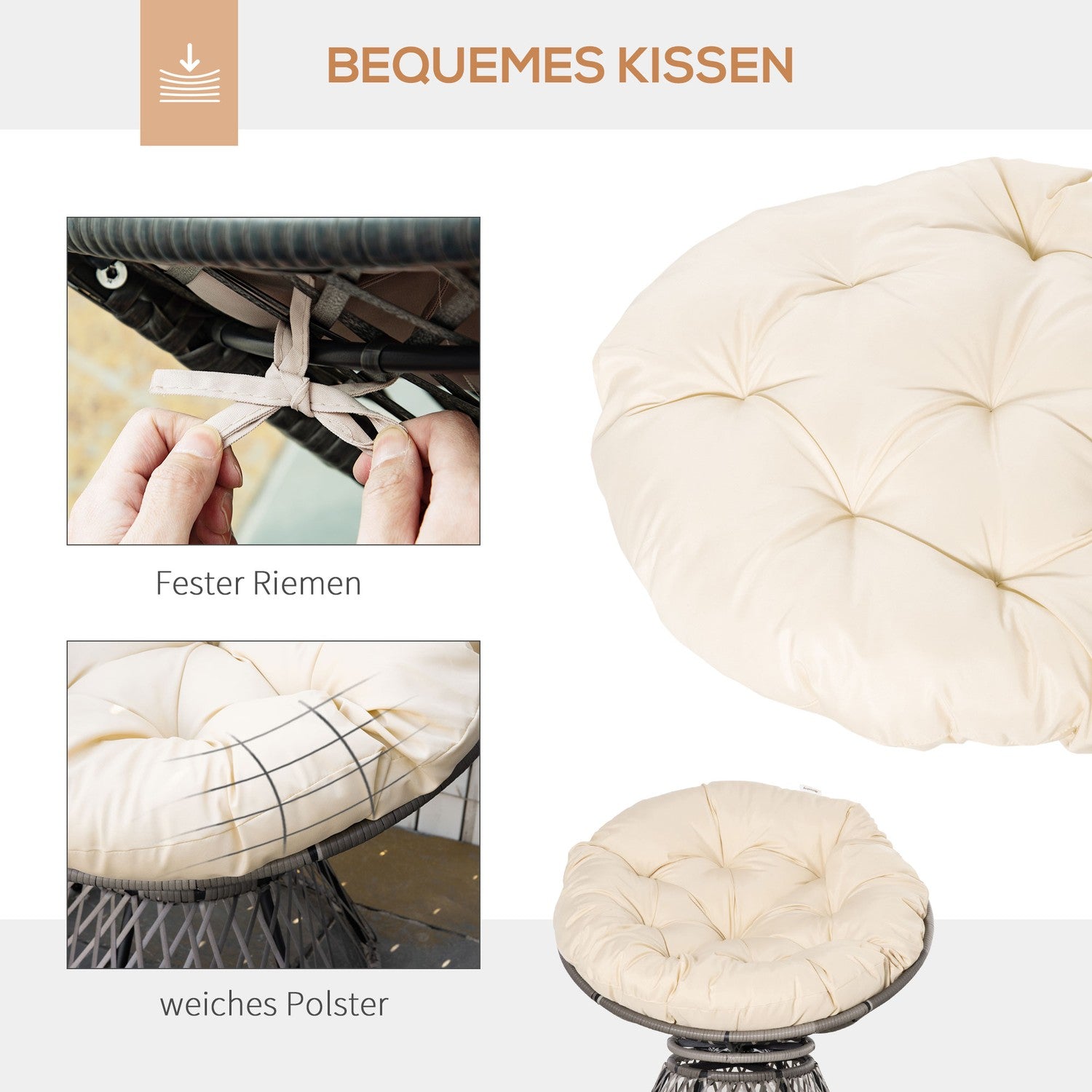 Gevlochten Papasan-stoel met kussen, 360° metalen frame, crème