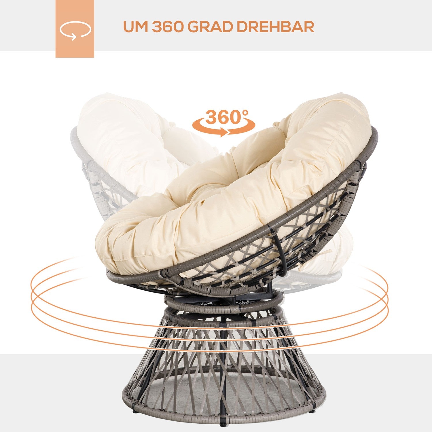 Gevlochten Papasan-stoel met kussen, 360° metalen frame, crème