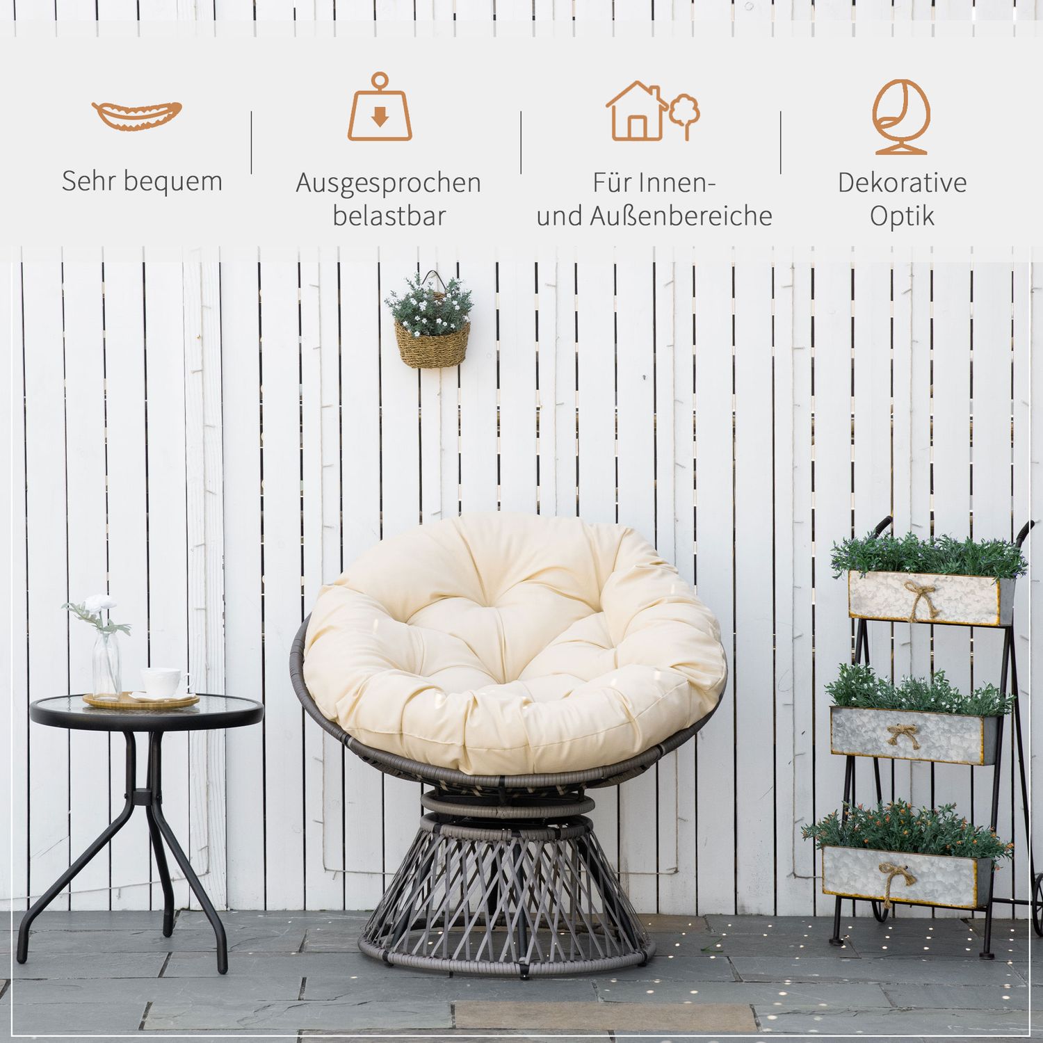 Gevlochten Papasan-stoel met kussen, 360° metalen frame, crème