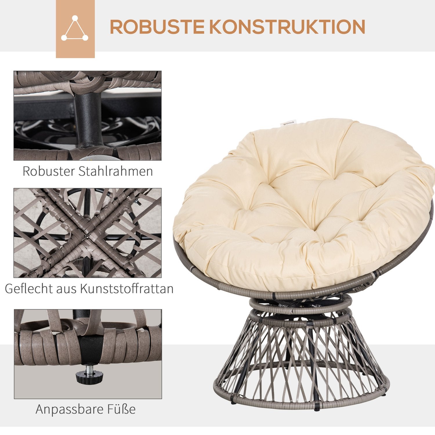 Gevlochten Papasan-stoel met kussen, 360° metalen frame, crème