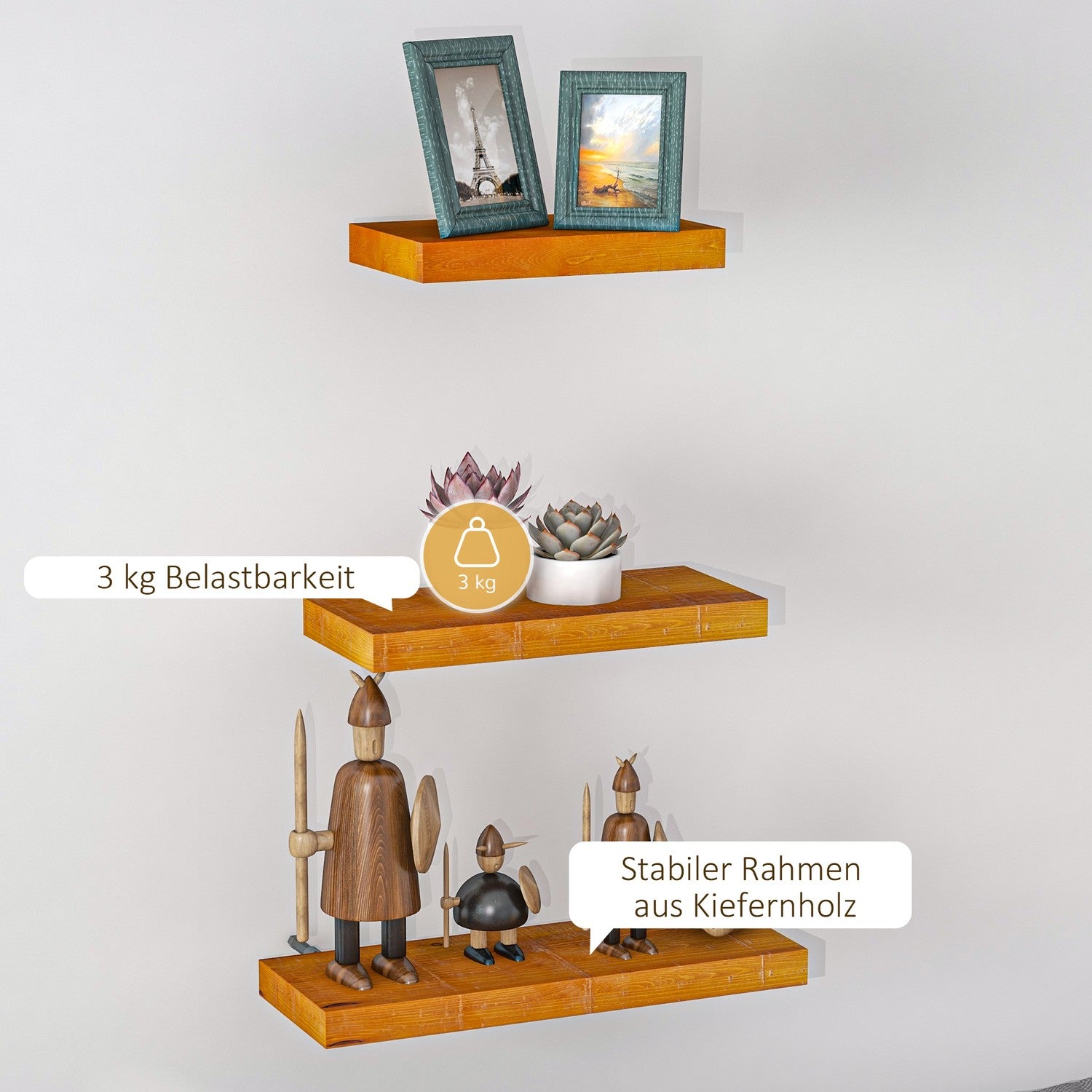 Zwevende wandplanken set van 3, massief hout, bruin