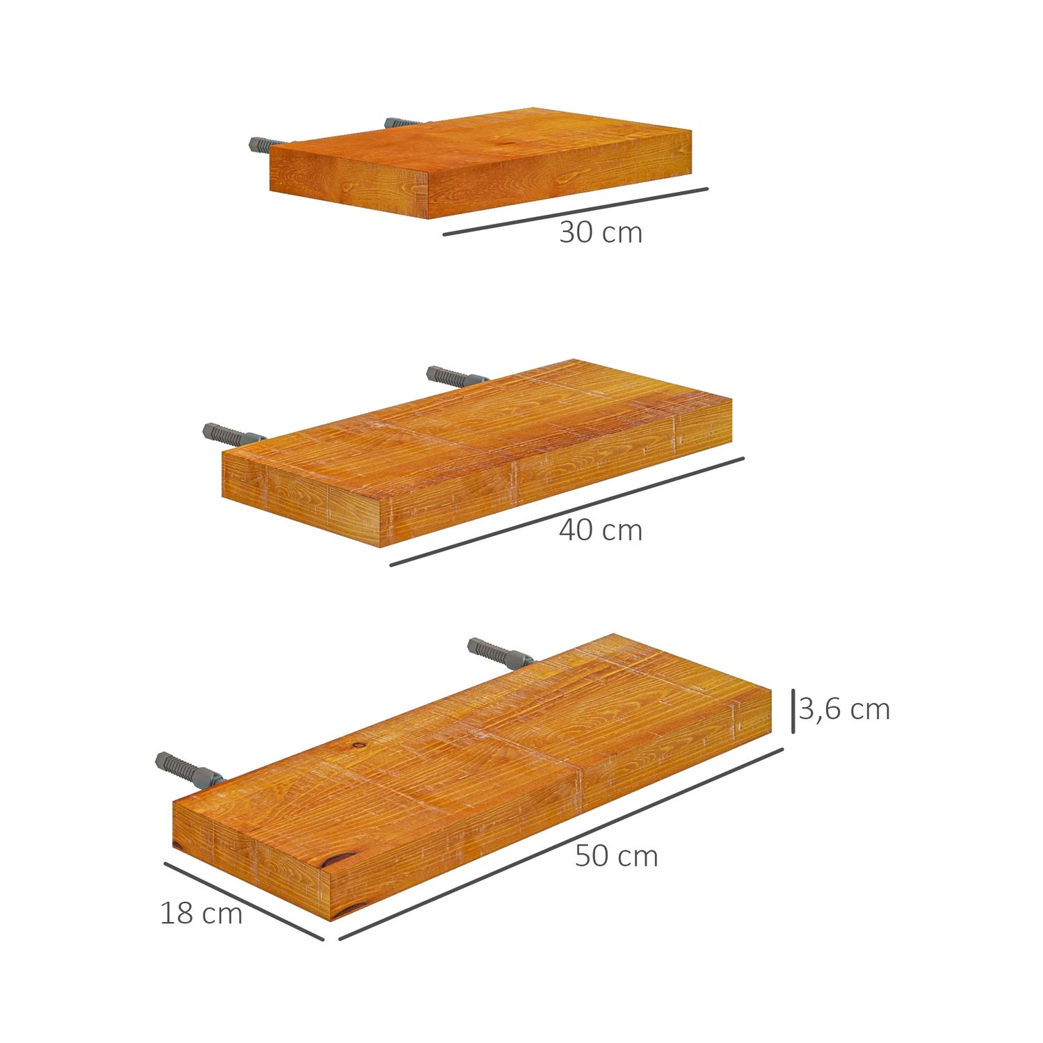Zwevende wandplanken set van 3, massief hout, bruin
