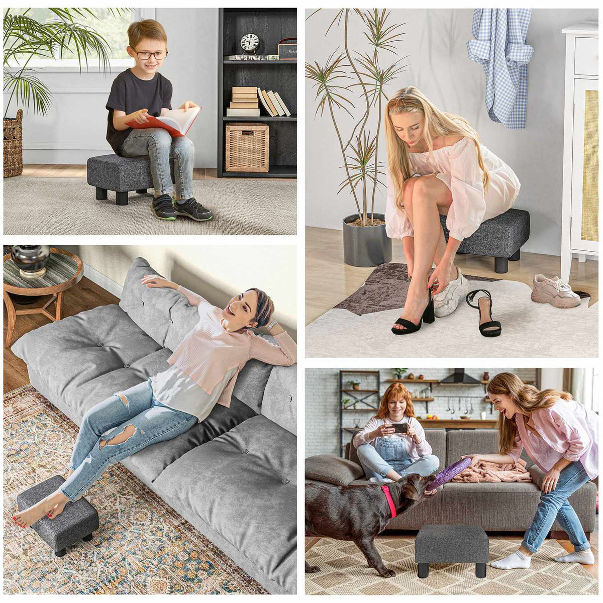 Voetenbankje, zitpoef met linnenlook stoffen bekleding, schuimvulling, kunststof poten, voor diverse ruimtes, grijs