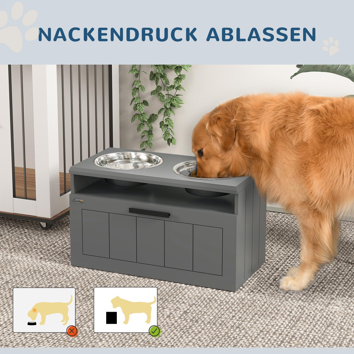 Verhoogde voerbak voor honden met opbergruimte, grijs