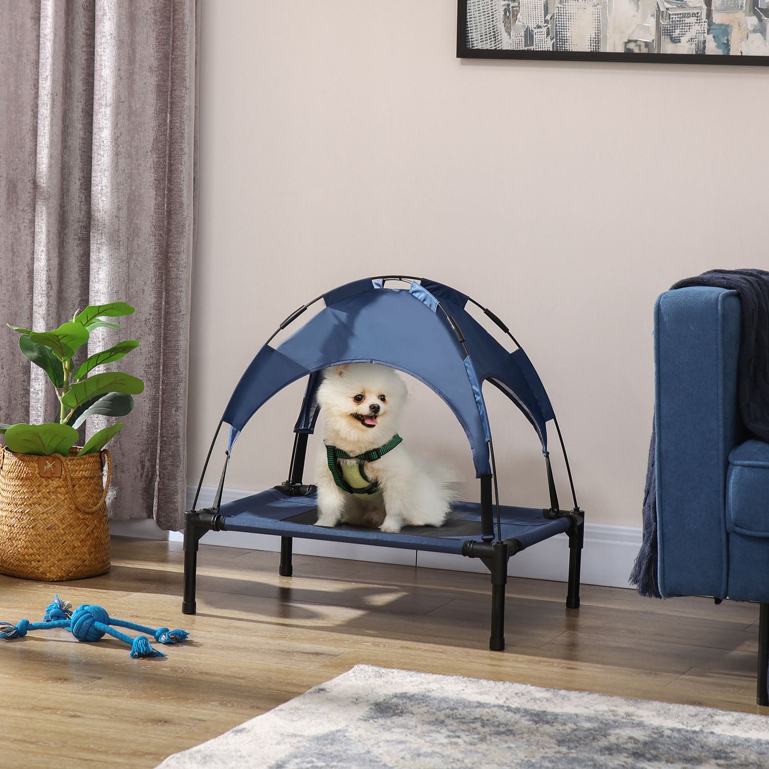 Verhoogd hondenbed voor buiten, UV-bescherming, Donkerblauw, 61x46x62cm