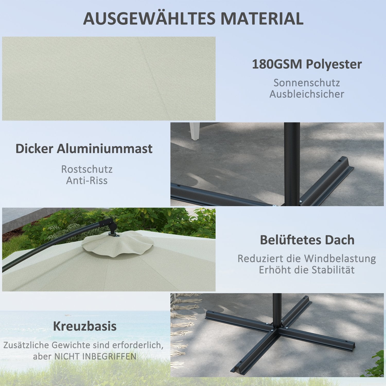 Vrijdragende terrasparasol, 293 cm, crèmekleurig, met kruisvoet en kantelfunctie