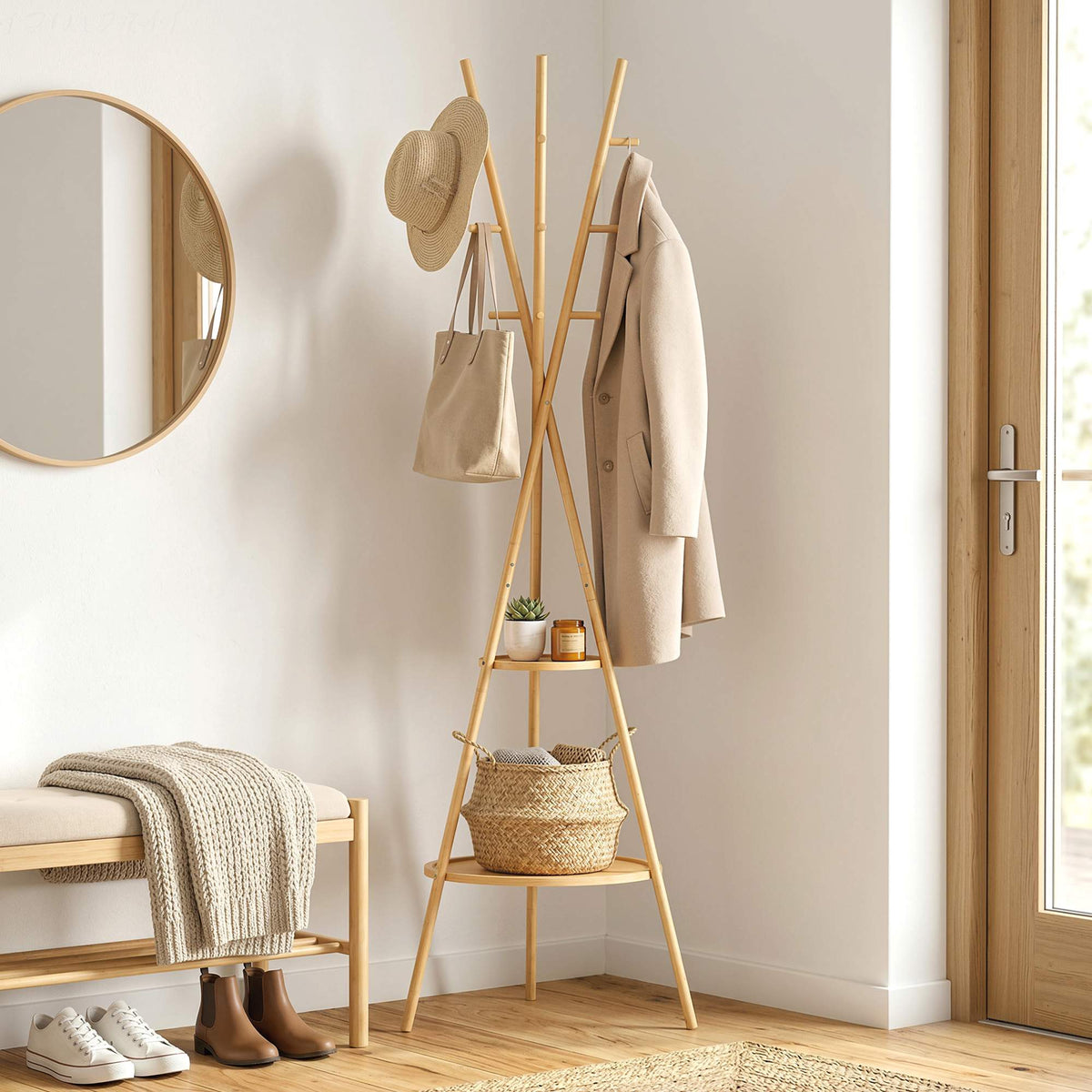 Vrijstaande bamboe-kledingstandaard, 9 haken, 2 planken, naturel