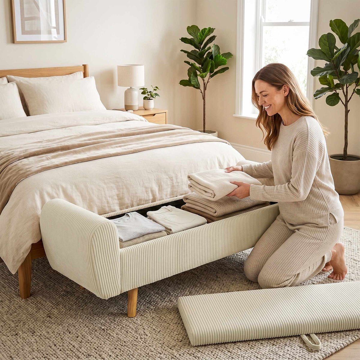 Opbergbank met verborgen vak, beige ribfluweel, 150 cm