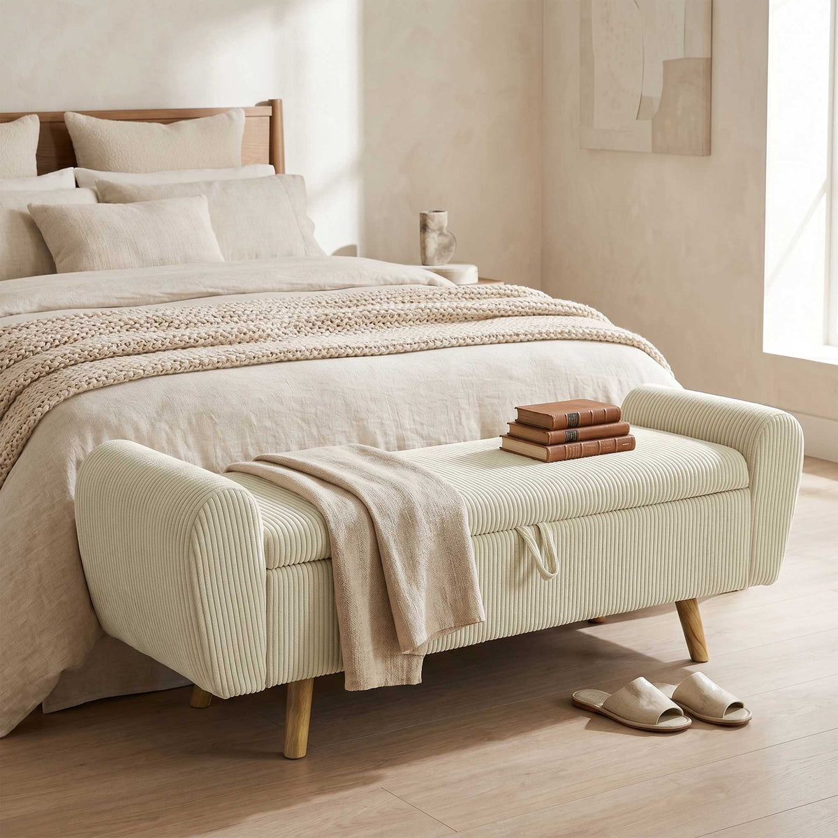 Opbergbank met verborgen vak, beige ribfluweel, 150 cm
