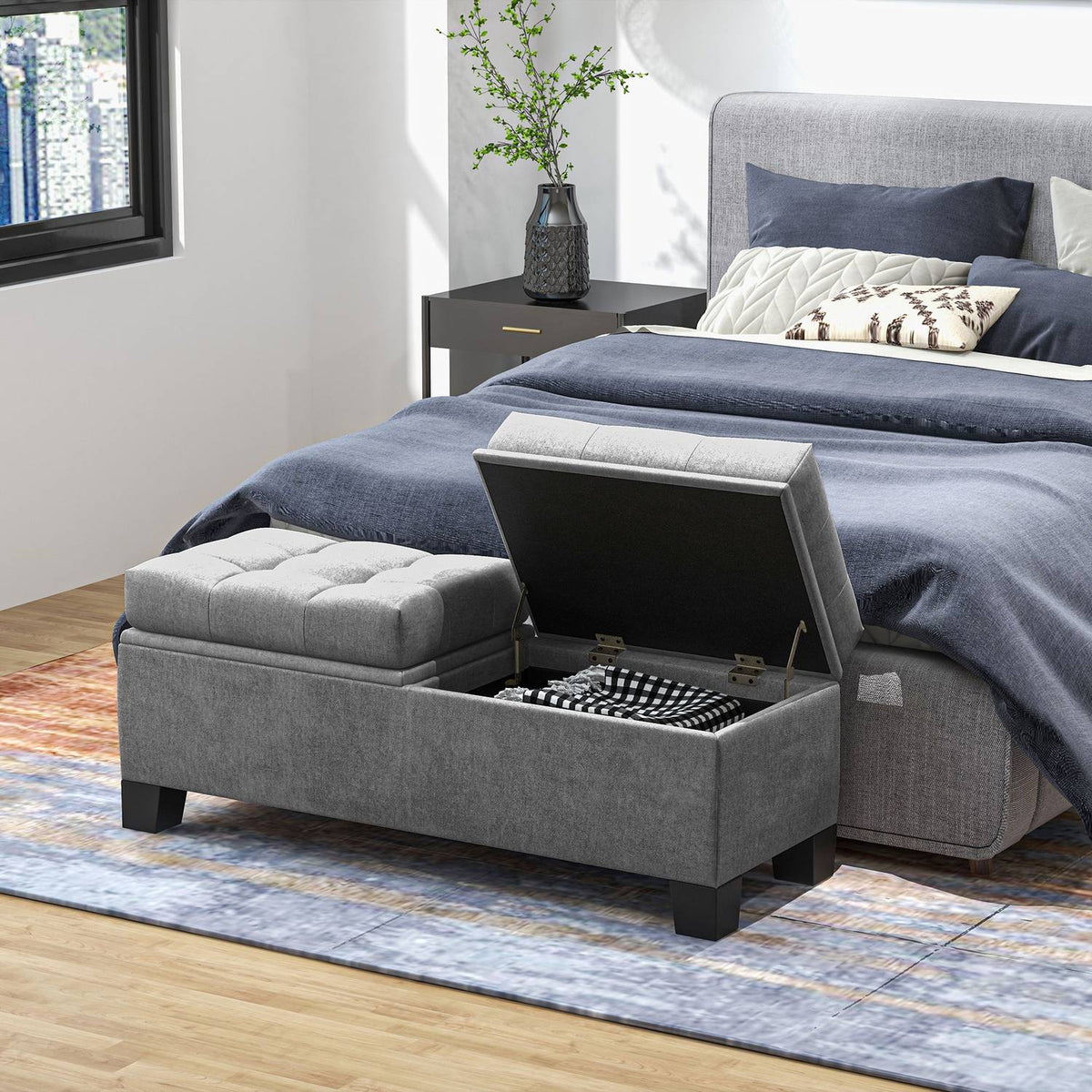 Opbergbank met linnen bekleding, 116 cm, grijs