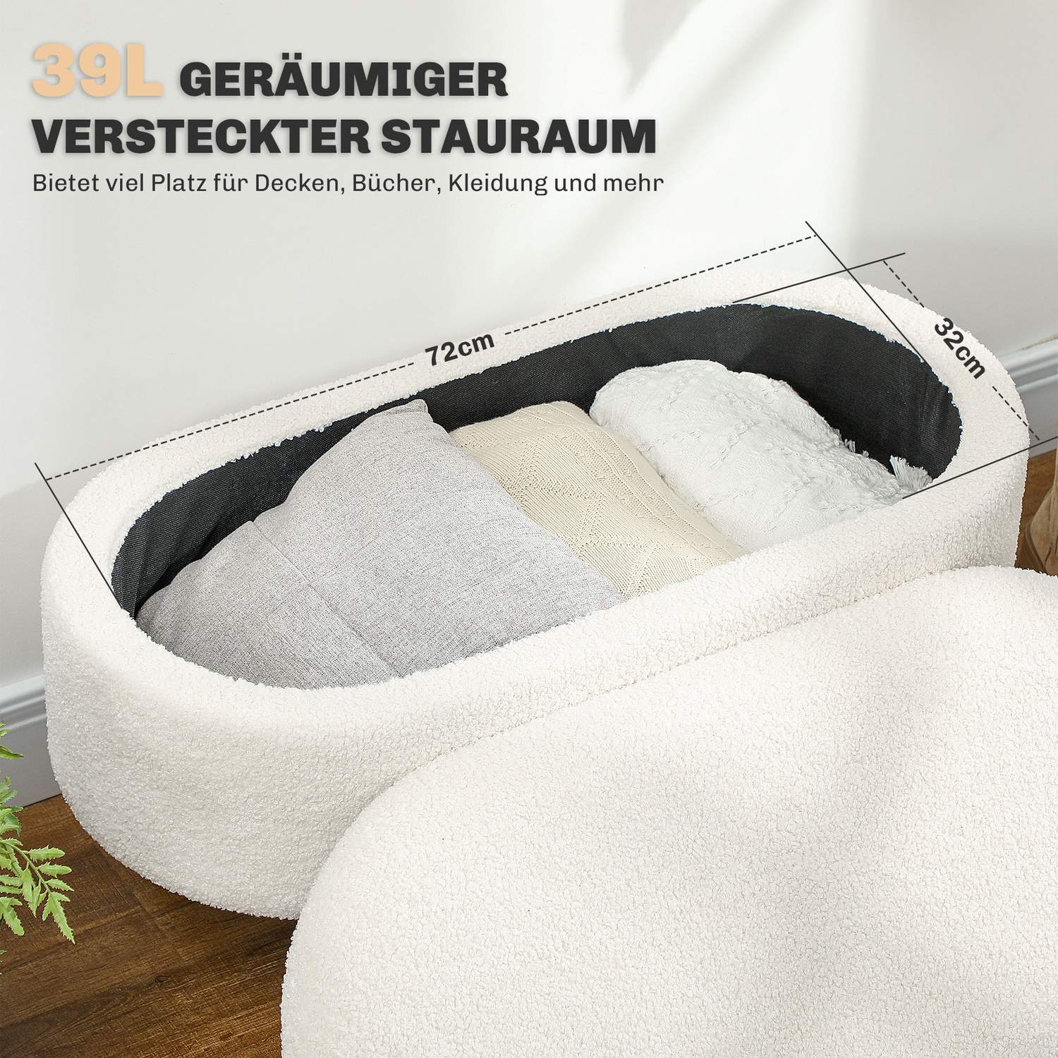 Truhenbank mit Deckel, bezogen Teddy-Samt, 82x41x45 cm