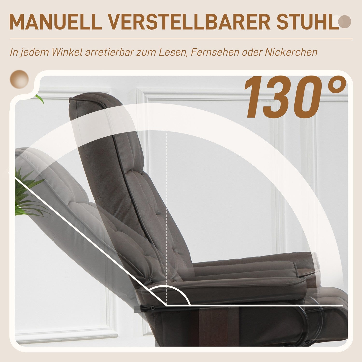 Fauteuil met poef, draaibaar en kantelbaar, kunstleren bekleding, tot 150 kg, houten frame, bruin