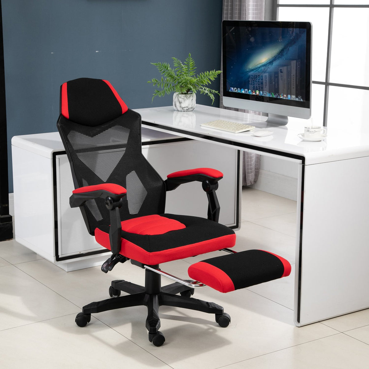Gamingstoel – Ergonomische bureaustoel met voetensteun, zwart & rood