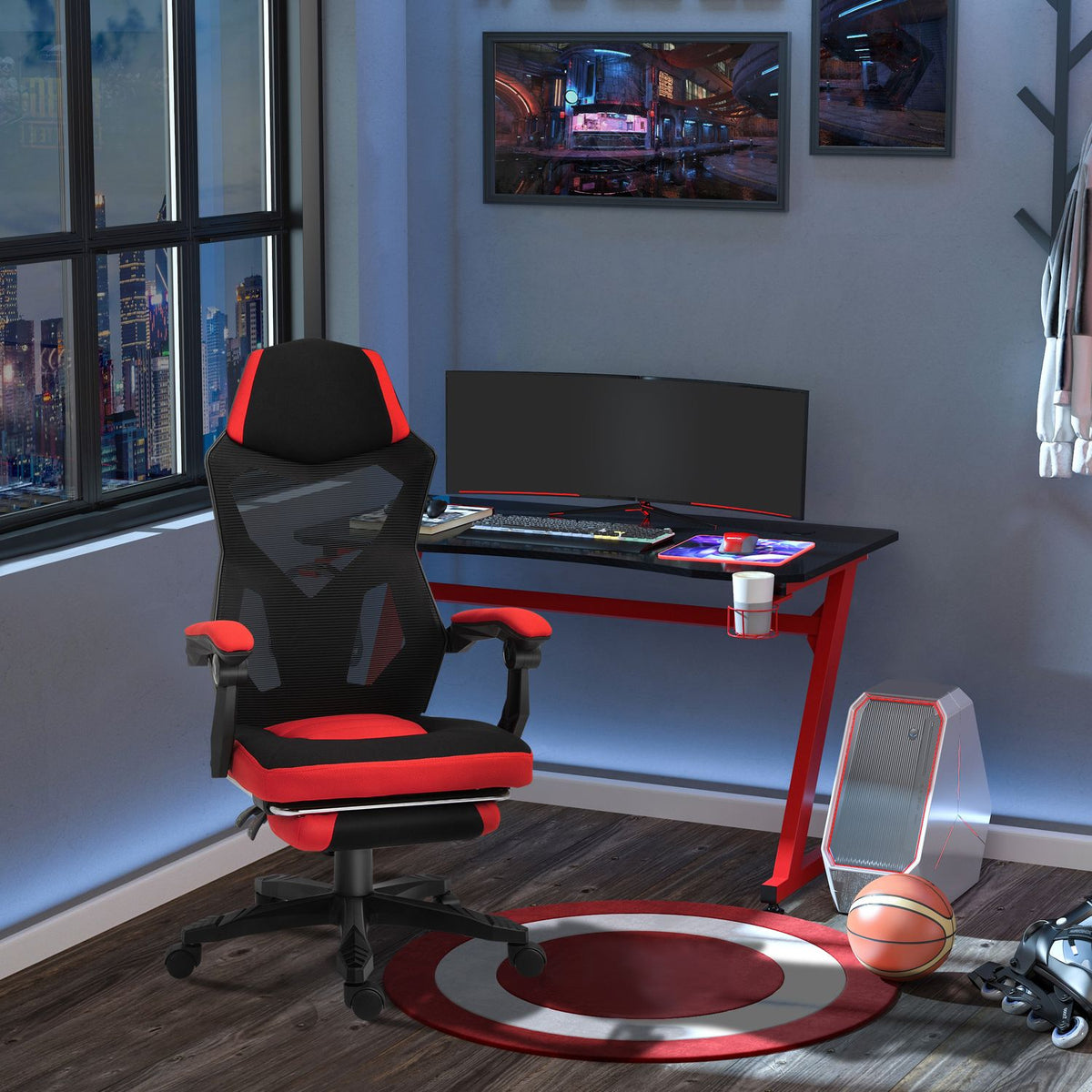 Gamingstoel – Ergonomische bureaustoel met voetensteun, zwart & rood