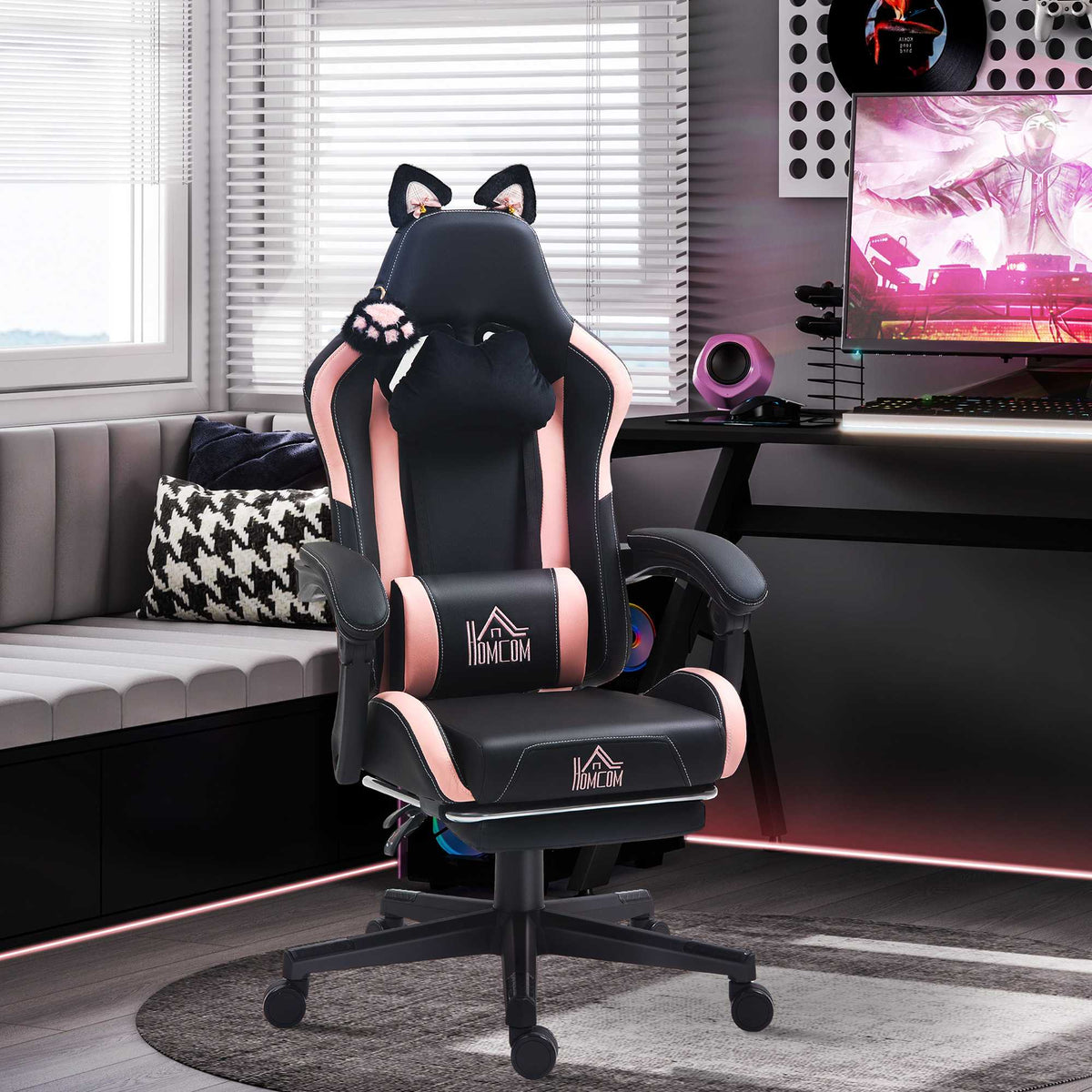 Gamingstoel met kattenoren, relaxfauteuil, voetensteun, roze/zwart
