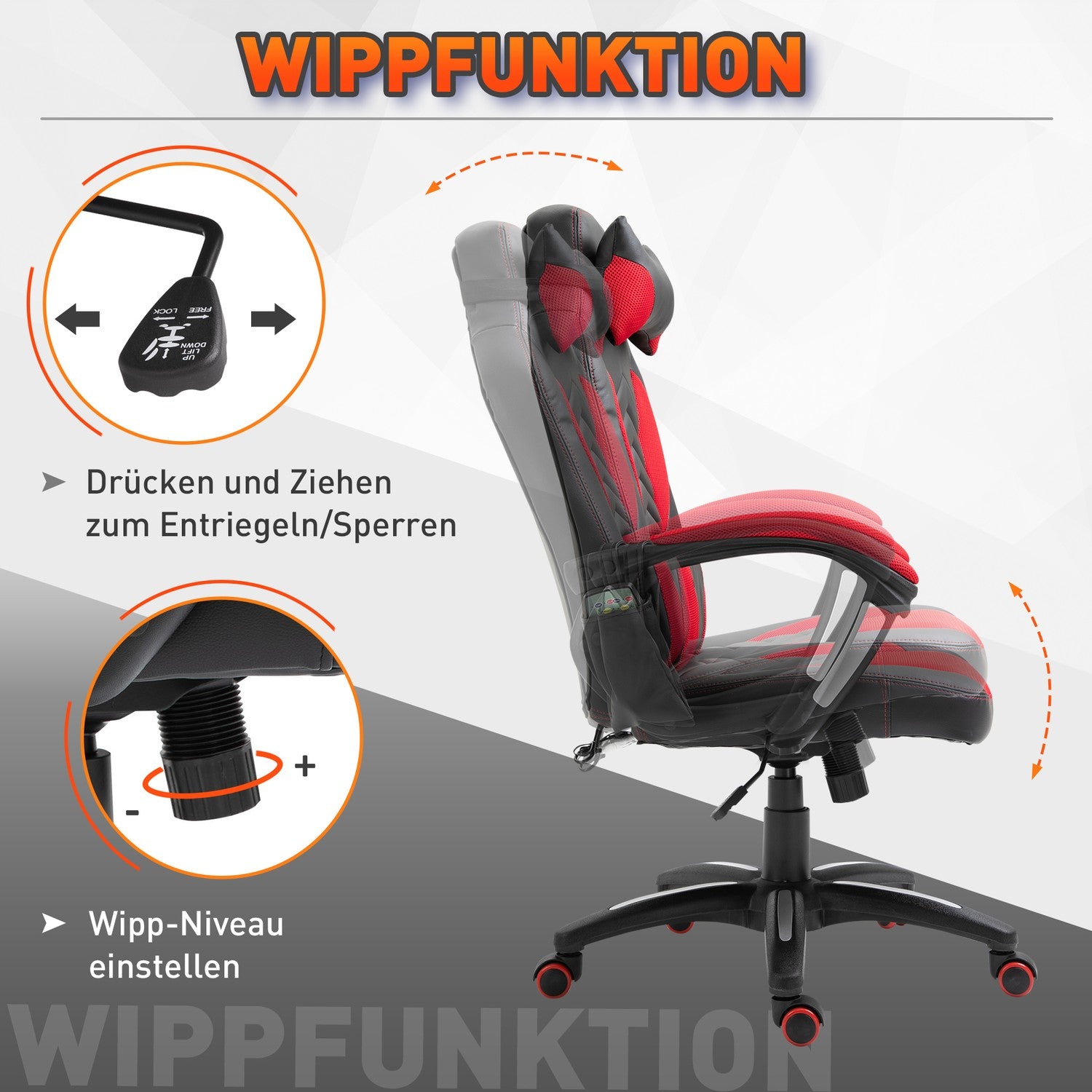 Gamingstoel met warmte en massage, rood PU, verstelbaar