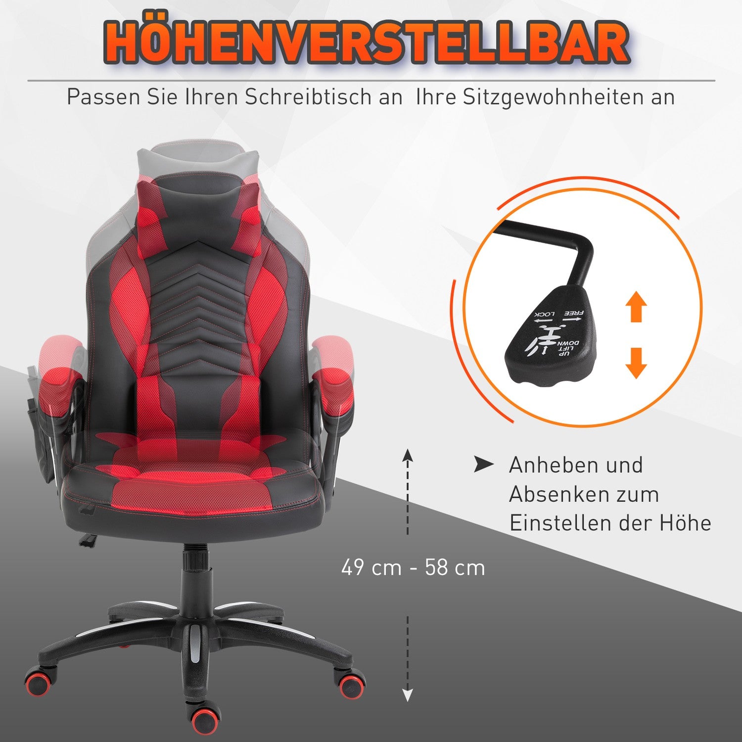 Gamingstoel met warmte en massage, rood PU, verstelbaar