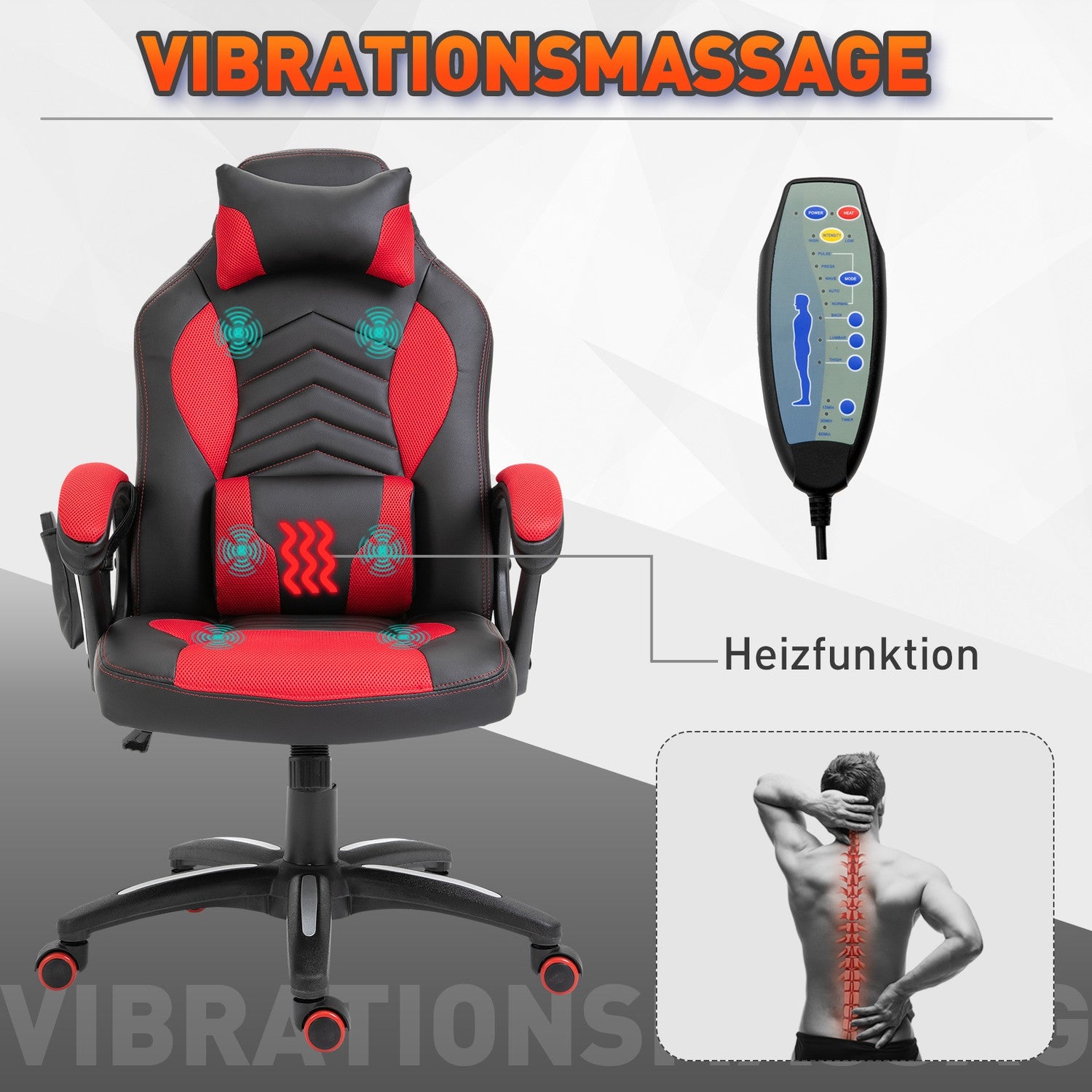 Gamingstoel met warmte en massage, rood PU, verstelbaar