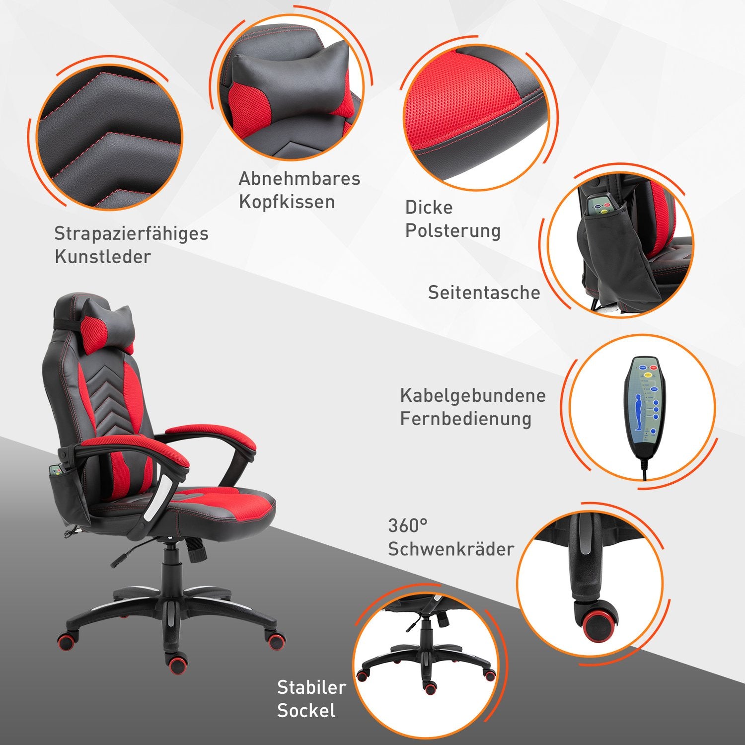 Gamingstoel met warmte en massage, rood PU, verstelbaar