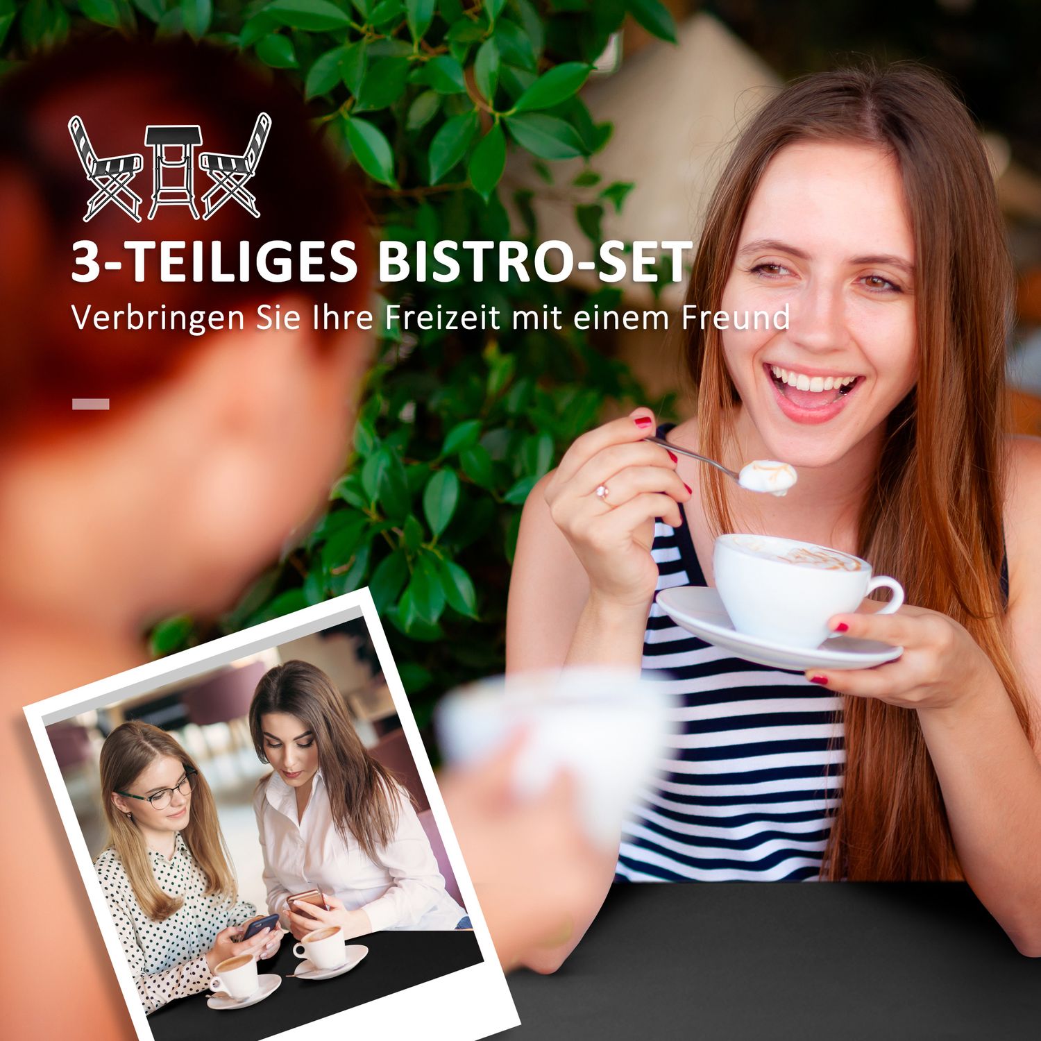 Tuin Bistro Set – 1 tafel en 2 stoelen, staal, zwart