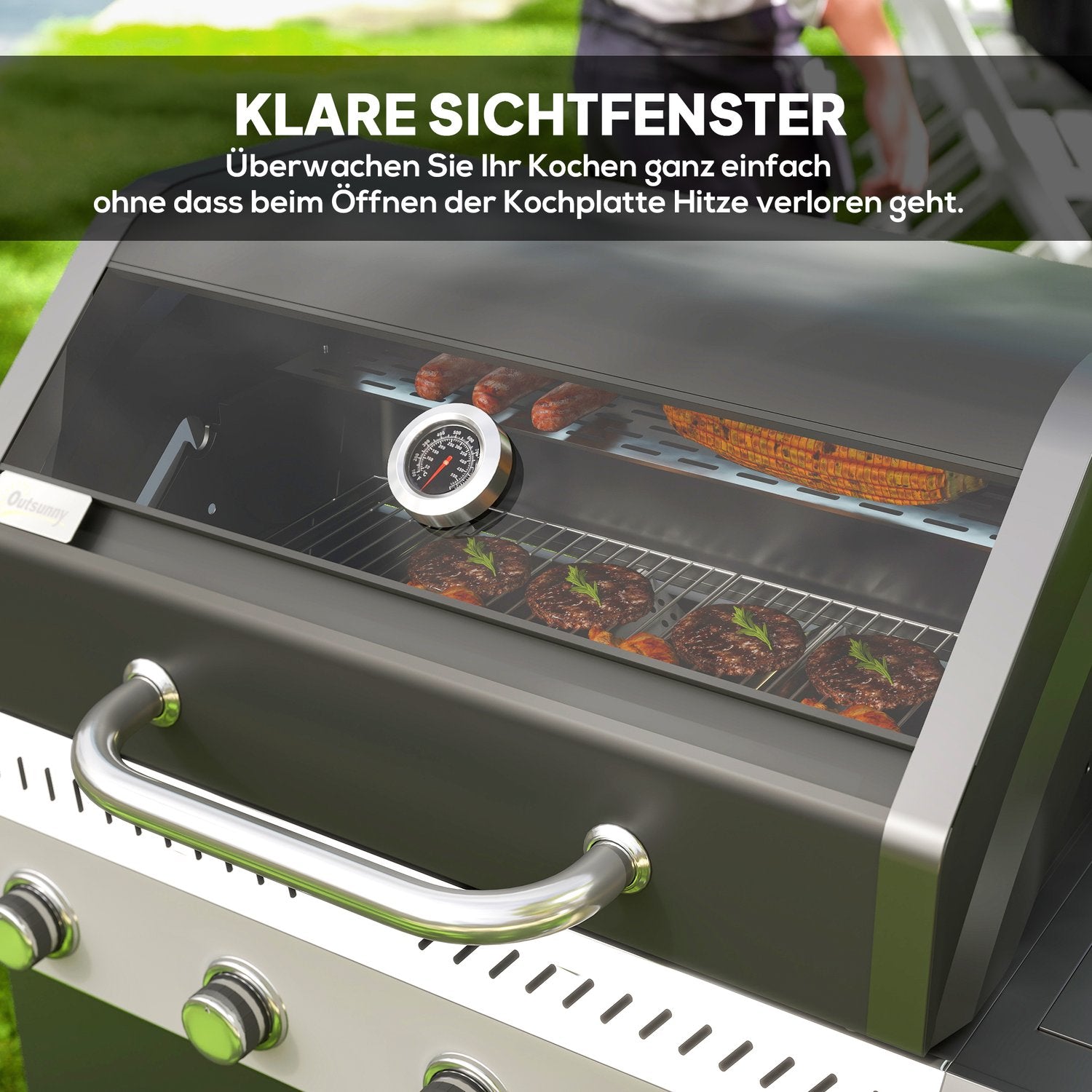 Gasgrillvagn – 5 brännare, termometer, sidohyllor