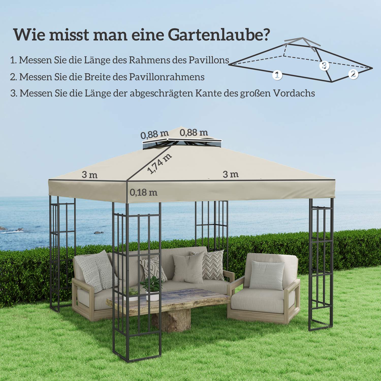 Telo di ricambio per gazebo 3x3m, impermeabile, bianco crema