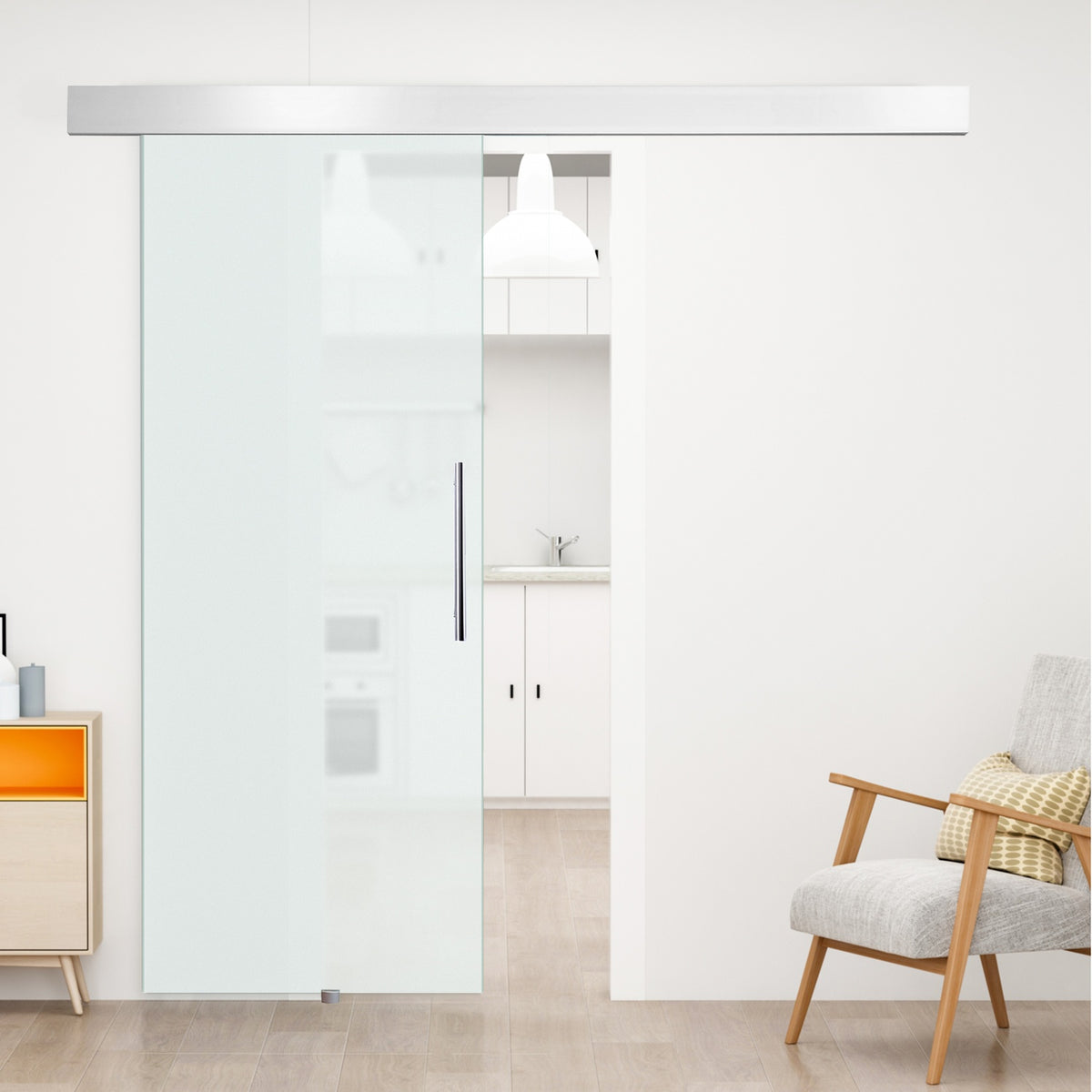 Glazen schuifdeurset met handvat, satijnglans, 2050x900mm