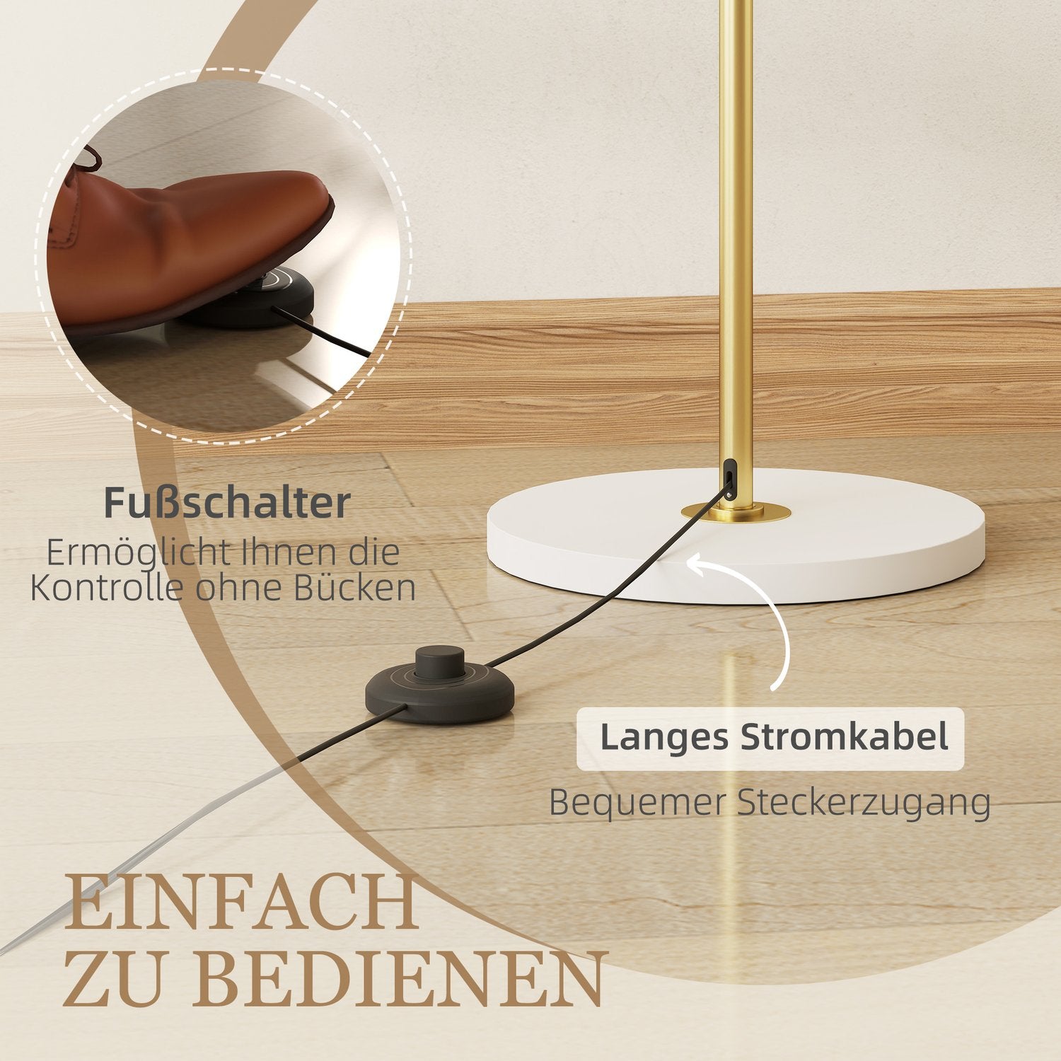 Vloerlamp, voetschakelaar, metalen structuur, acryl kap, 4000K, dimbaar, goudkleurig