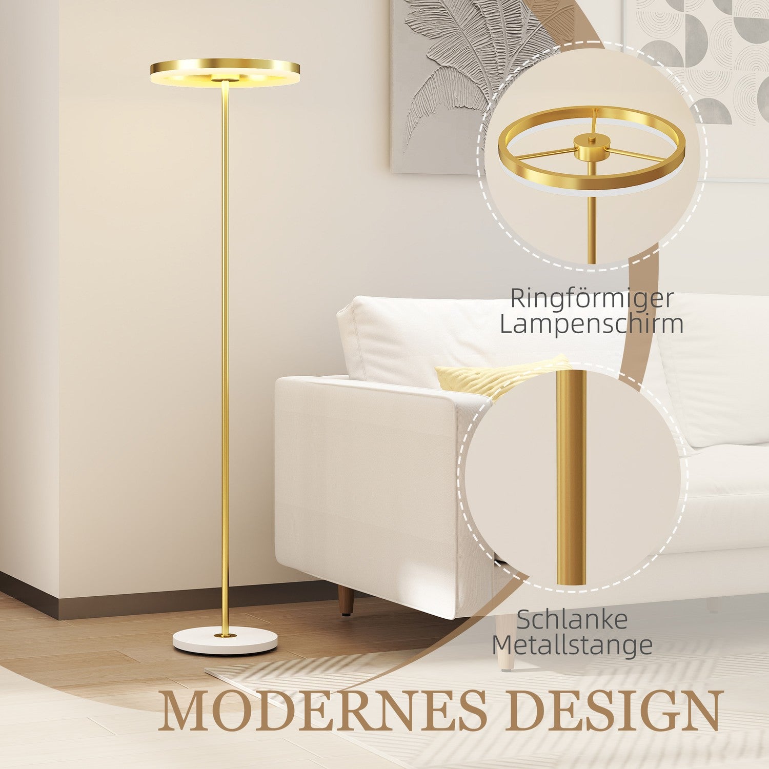 Vloerlamp, voetschakelaar, metalen structuur, acryl kap, 4000K, dimbaar, goudkleurig