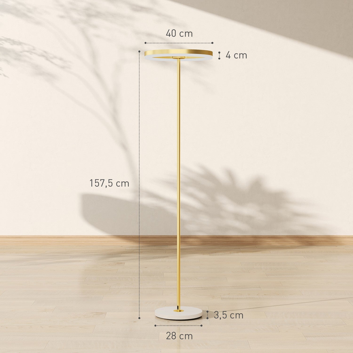 Vloerlamp, voetschakelaar, metalen structuur, acryl kap, 4000K, dimbaar, goudkleurig