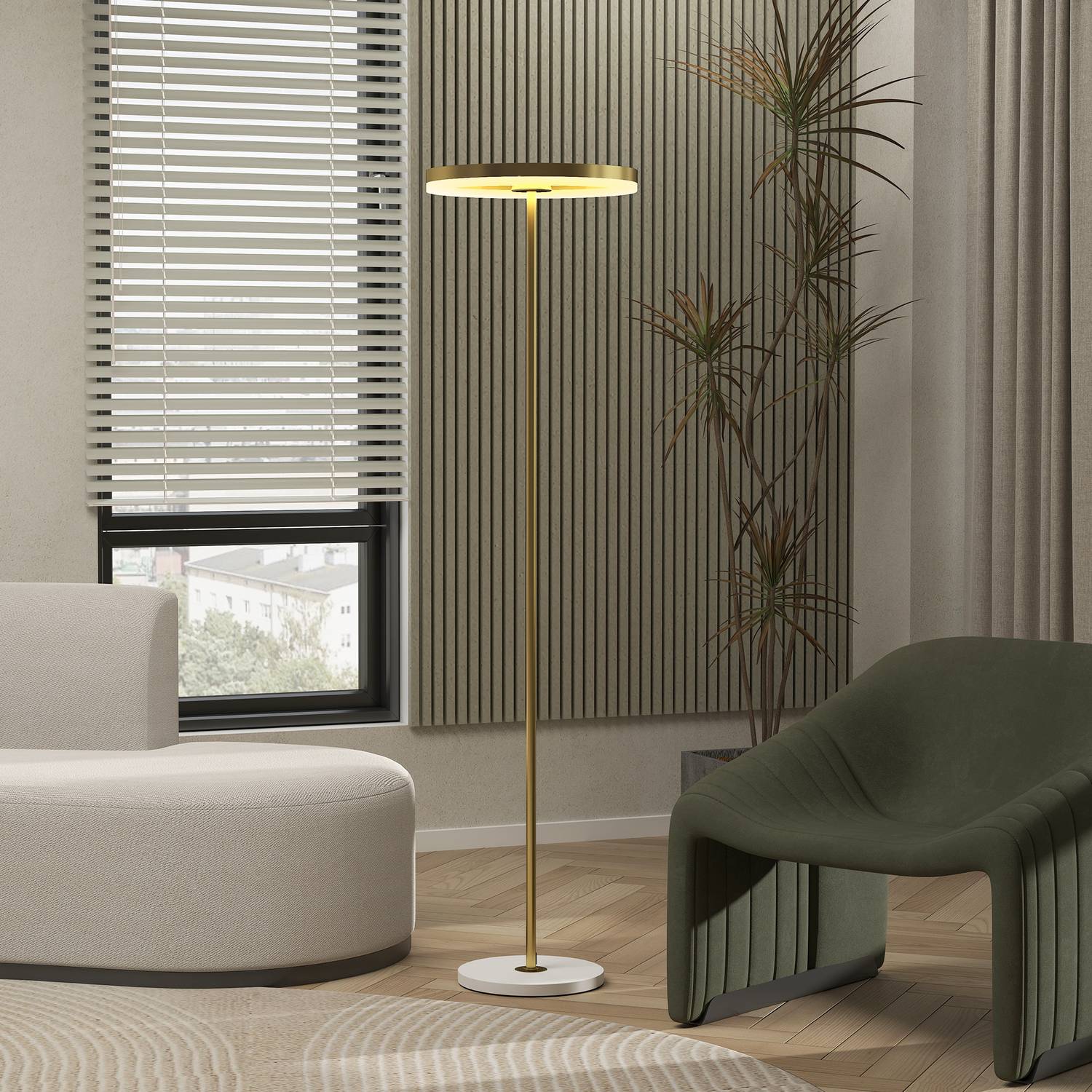 Vloerlamp, voetschakelaar, metalen structuur, acryl kap, 4000K, dimbaar, goudkleurig