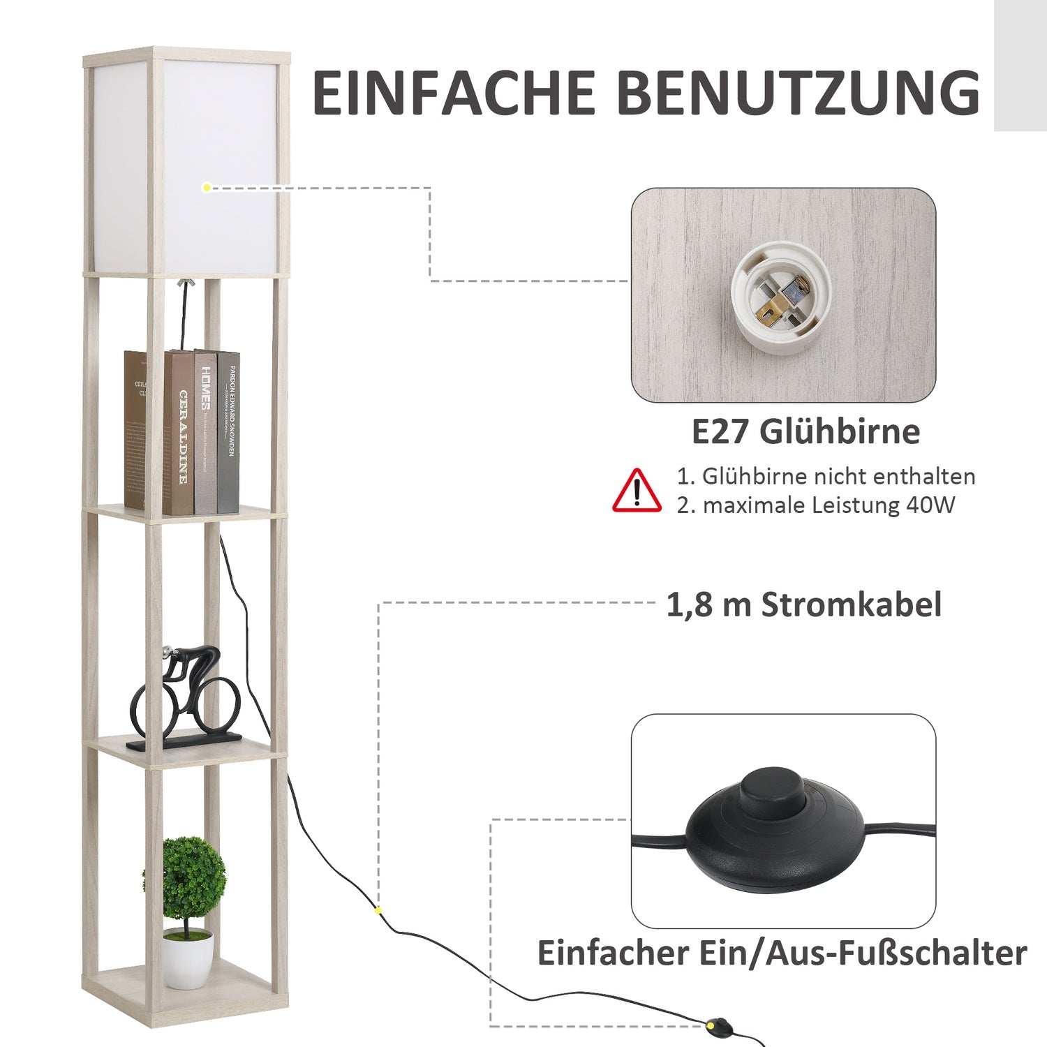 Golvlampa med hyllor – Ek och Vit, E27 40W, 160cm