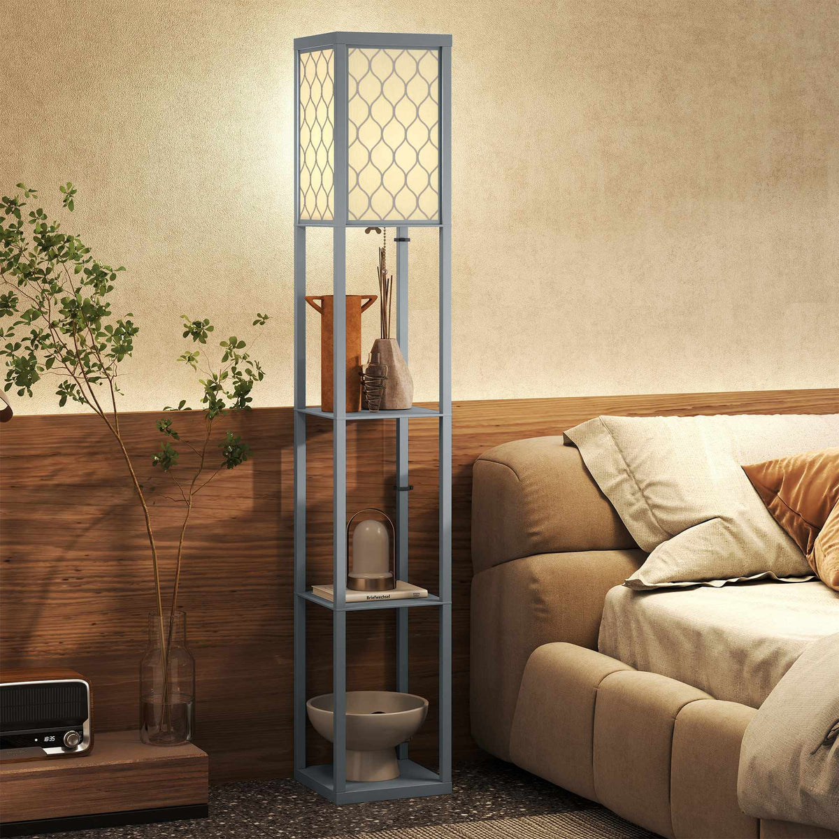 Vloerlamp met planken, 3 niveaus, compact MDF, lichtgrijs
