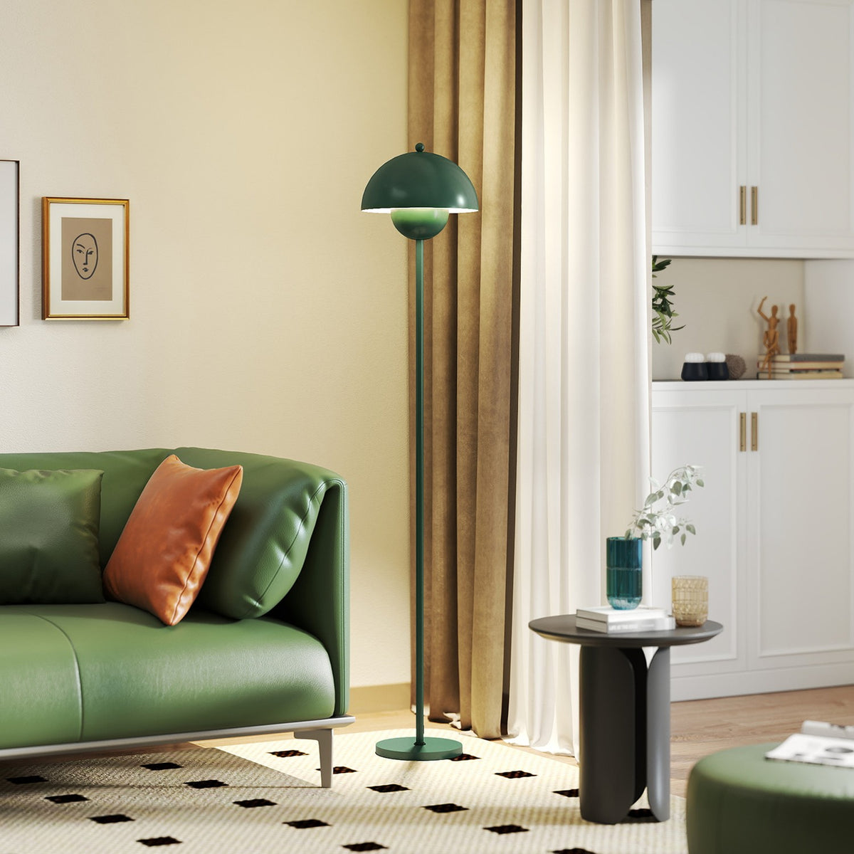 Vloerlamp met ronde lampenkap, voetschakelaar, lange kabel, groen