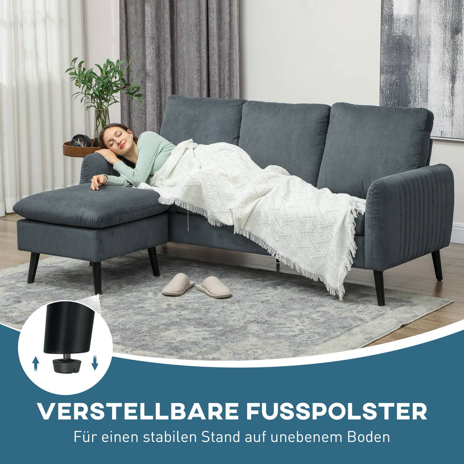 Grå L-formad hörnsoffa med fotpall & kuddar