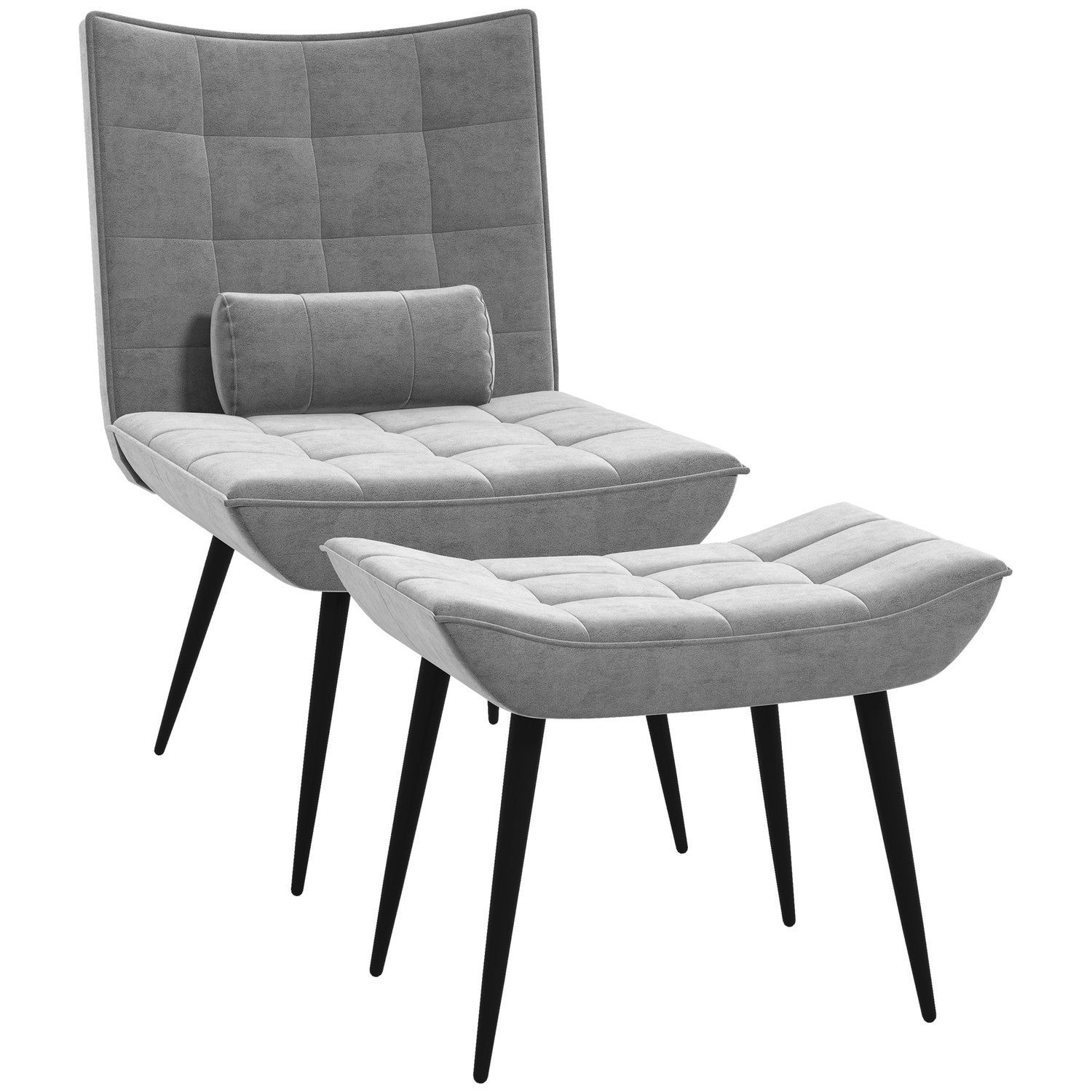 Grijze Relax Fauteuil & Ottoman Set, Velours Bekleding, comfortabele kussens